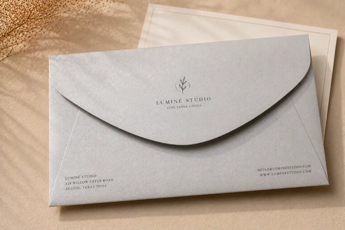 Silver-Grey pearlescent envelope with small logo, return address, and business contact printing