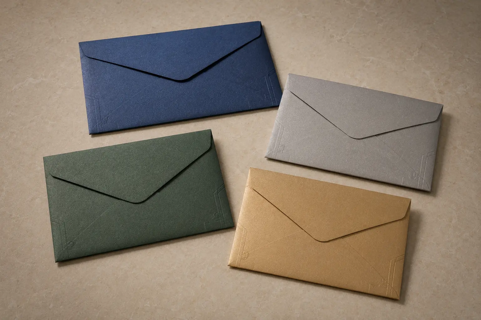 Pearlescent envelope sample review kit with multiple shimmer envelope colors and finish references