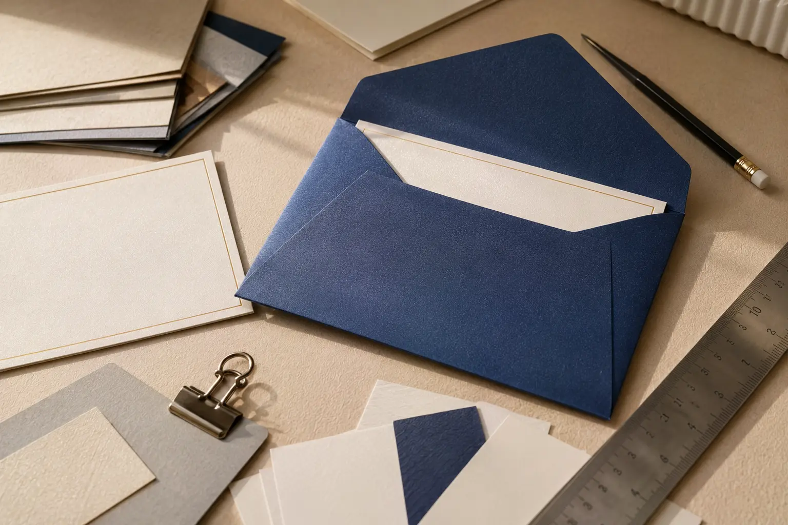 Premium pearlescent invitation envelope showing insert size relationship, flap direction, and print area positioning