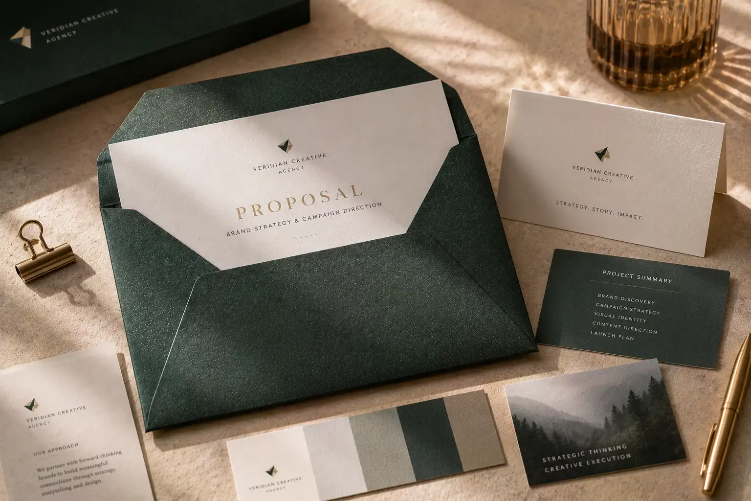 Dark Green pearlescent envelope with proposal cover sheet, presentation card, material swatch, and agency sample materials