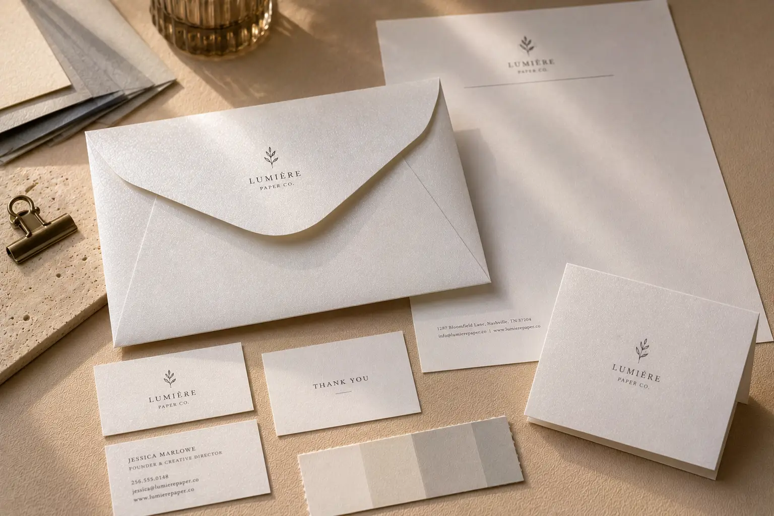 Pearlescent envelope with coordinated brand stationery materials, letterhead, business cards, note card, and insert card