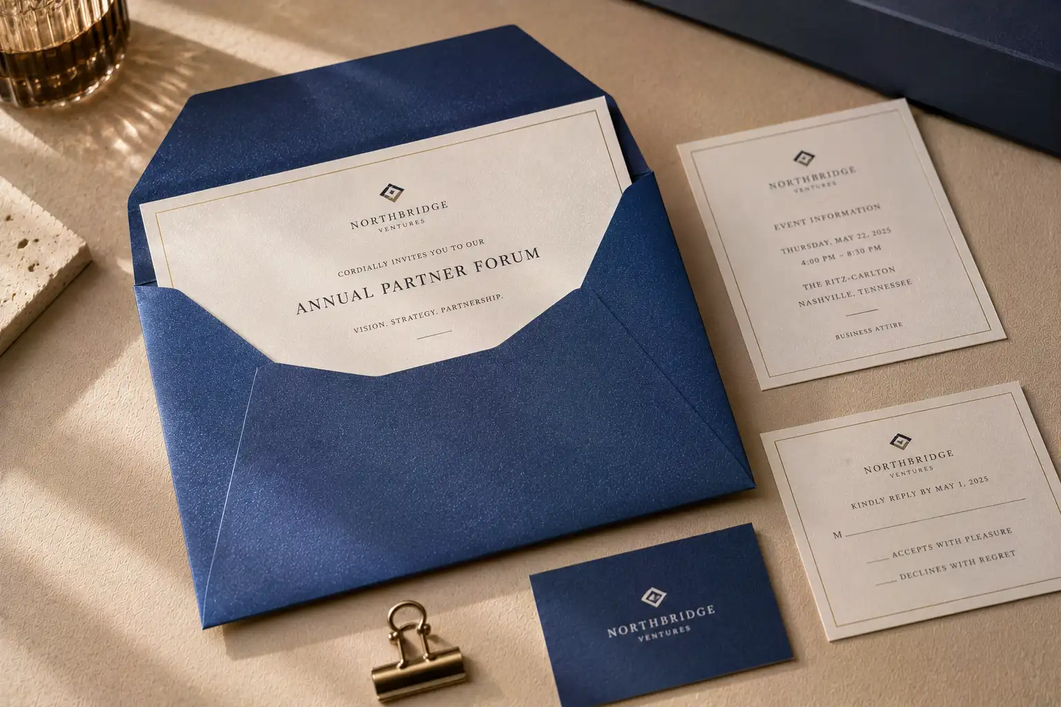 Royal Blue pearlescent envelope with corporate invitation cards, RSVP card, and matched presentation materials