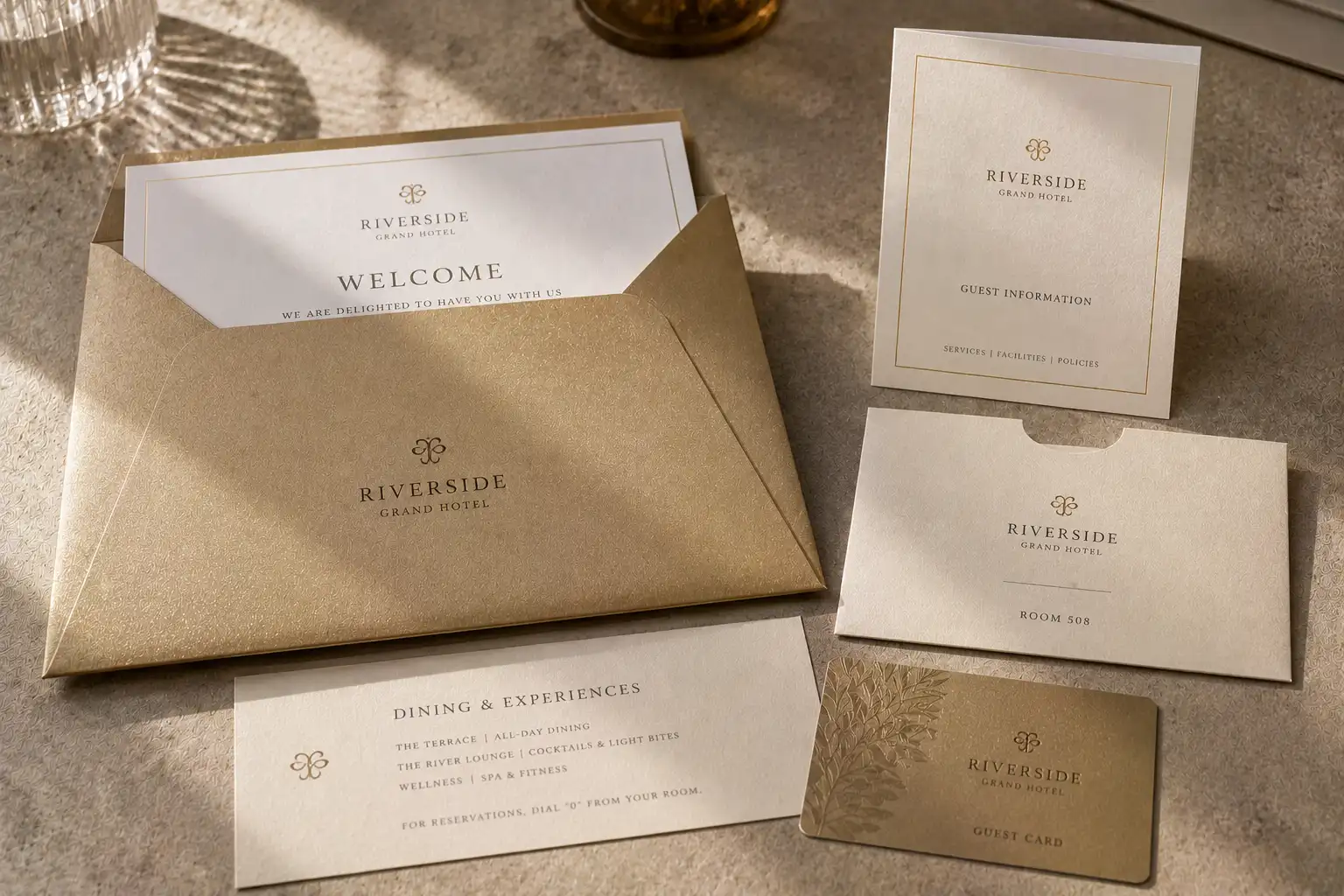 Luxury Gold pearlescent envelope with hospitality welcome card, guest card, key card, and premium hotel insert materials