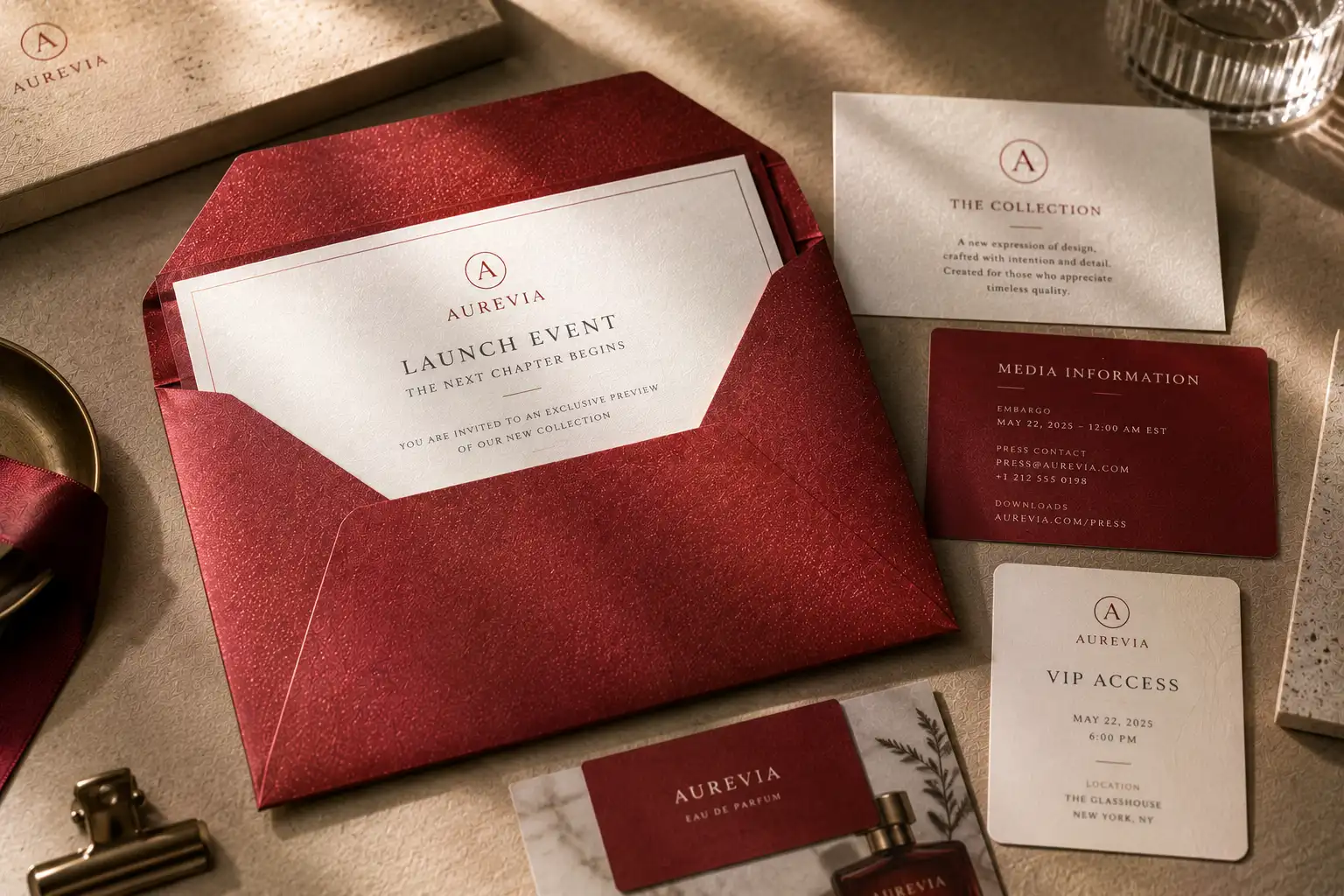 Elegant Red pearlescent envelope with launch invitation card, product information card, media insert, VIP pass, and PR presentation materials