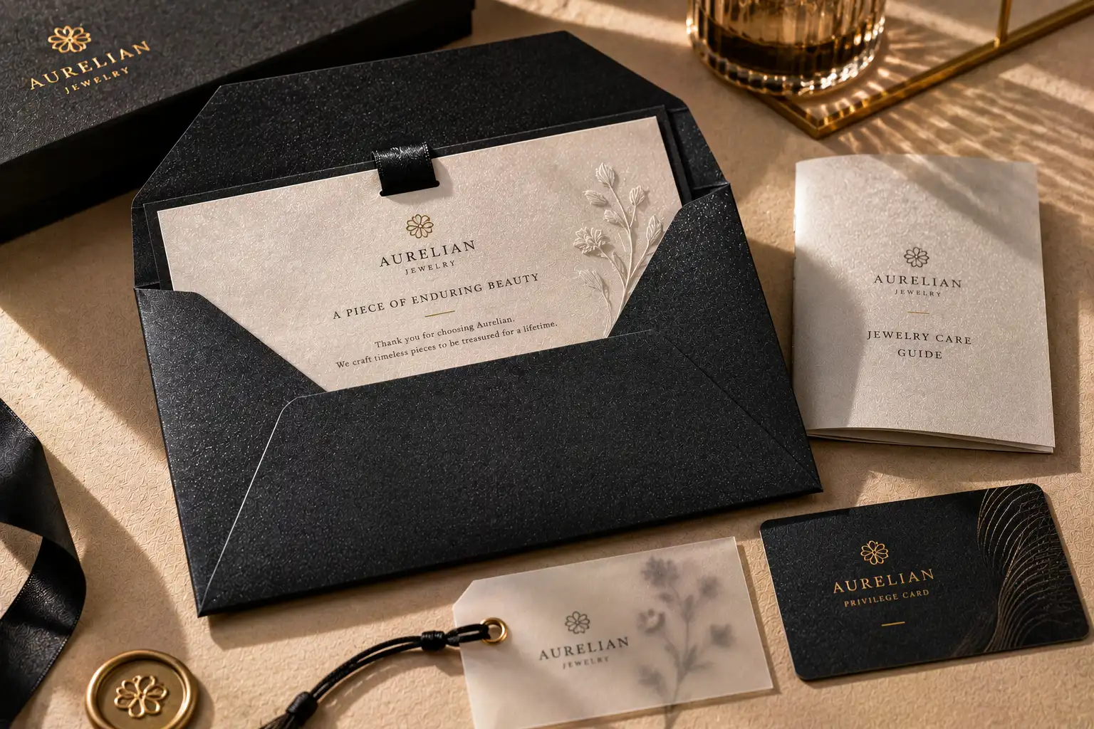 Sophisticated Black pearlescent envelope with jewelry card, gift card, membership card, and premium packaging insert materials