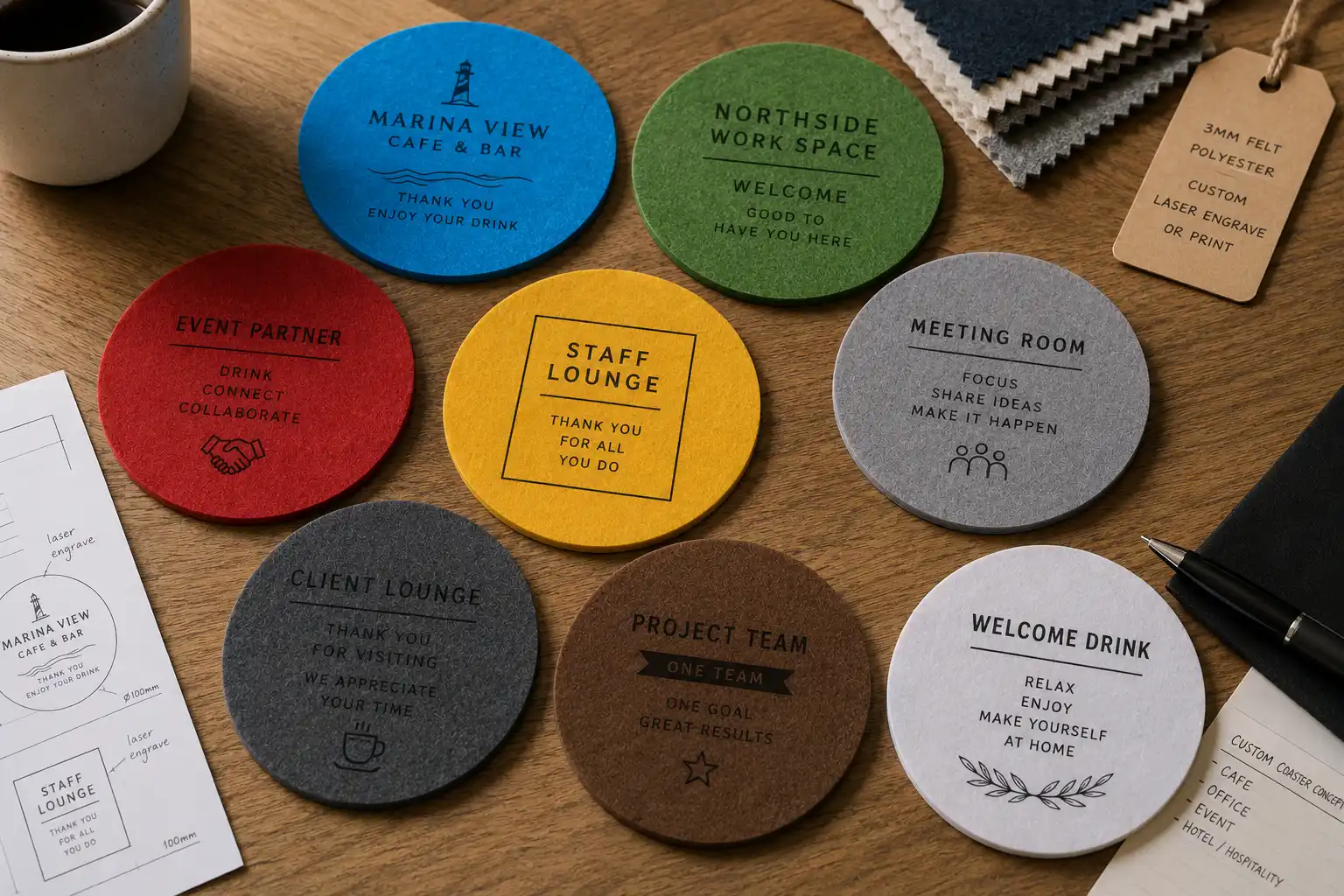 Flat 3mm polyester felt coaster color samples arranged on a material review desk with simple custom artwork.