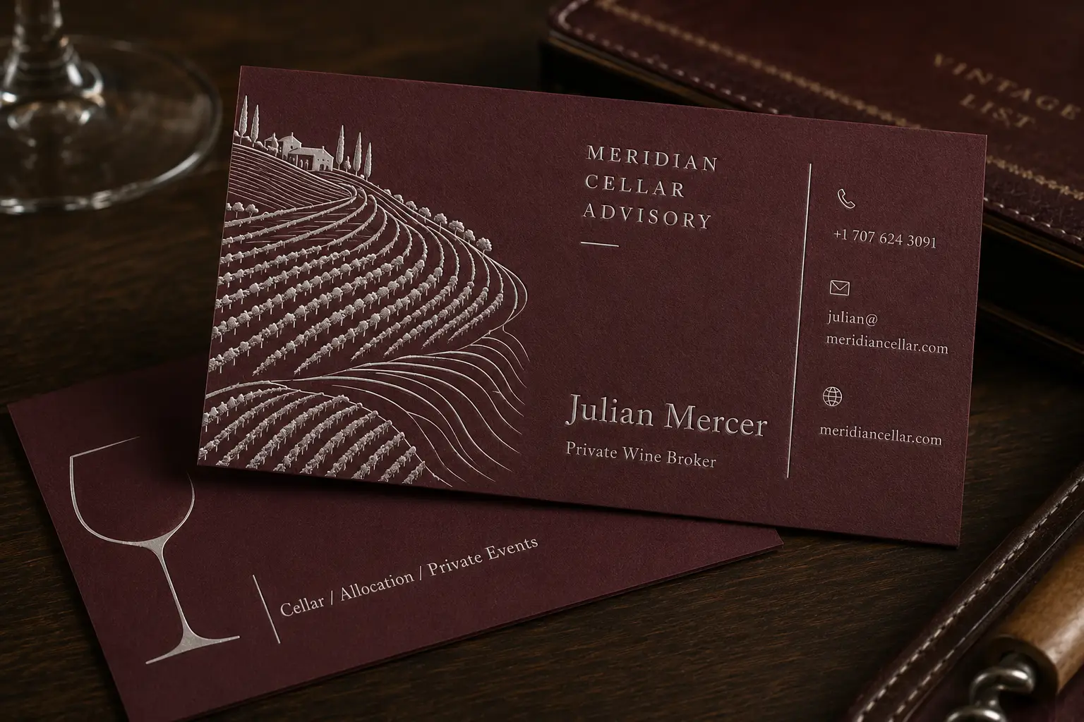 Burgundy business cards with metallic foil detail and pressed deboss texture for a premium tactile effect.