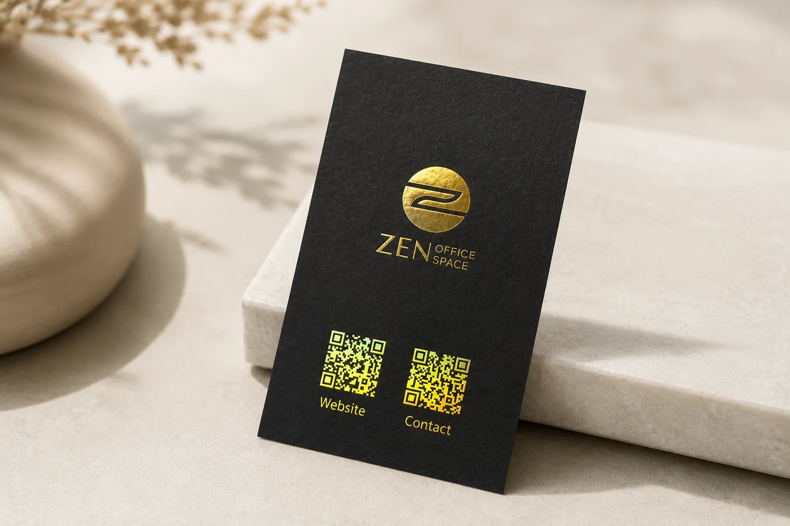 Black business card with gold foil logo and metallic QR-style details for a premium digital contact layout.