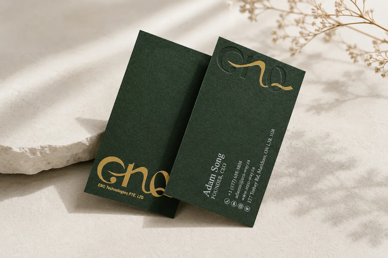 Forest green eco paper business cards with metallic foil stamping