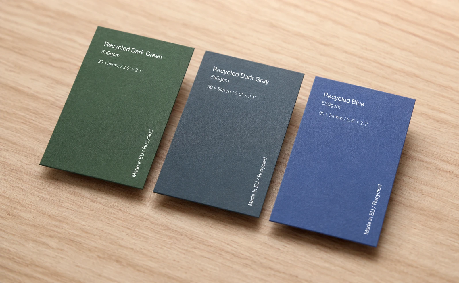 German colored eco paper business card set with multiple FSC paper colors