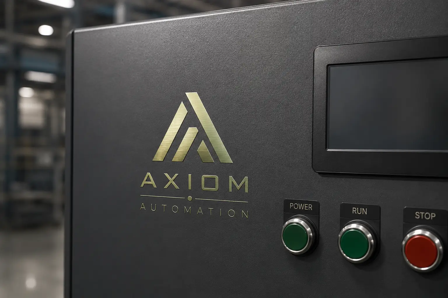 Gold metal transfer decal applied to a black industrial equipment panel