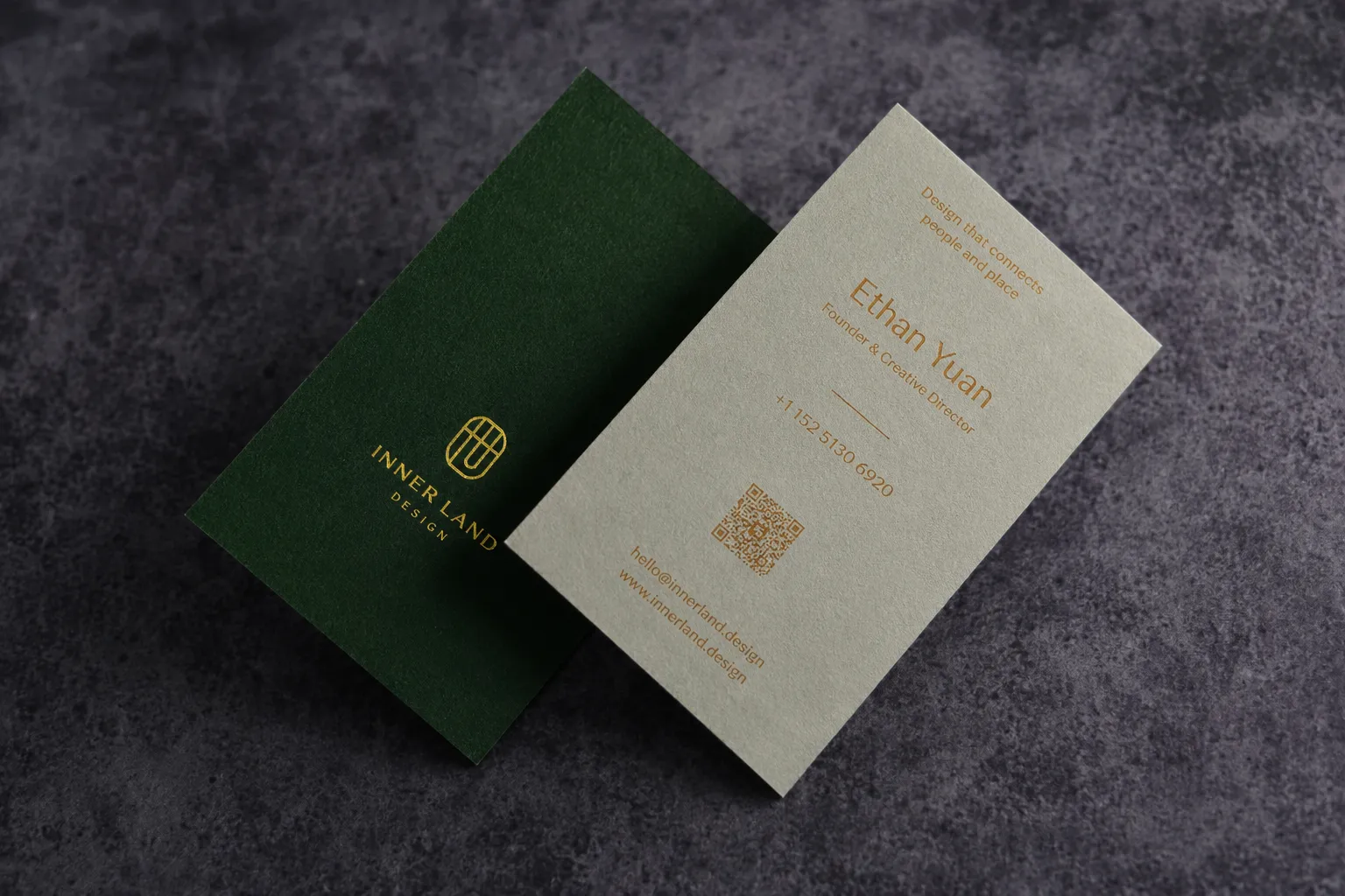 Green and cream thick duplex business cards showing different front and back paper colors