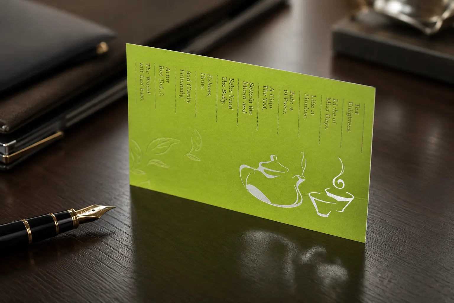 Green business card with laser engraved botanical detail and custom printed layout