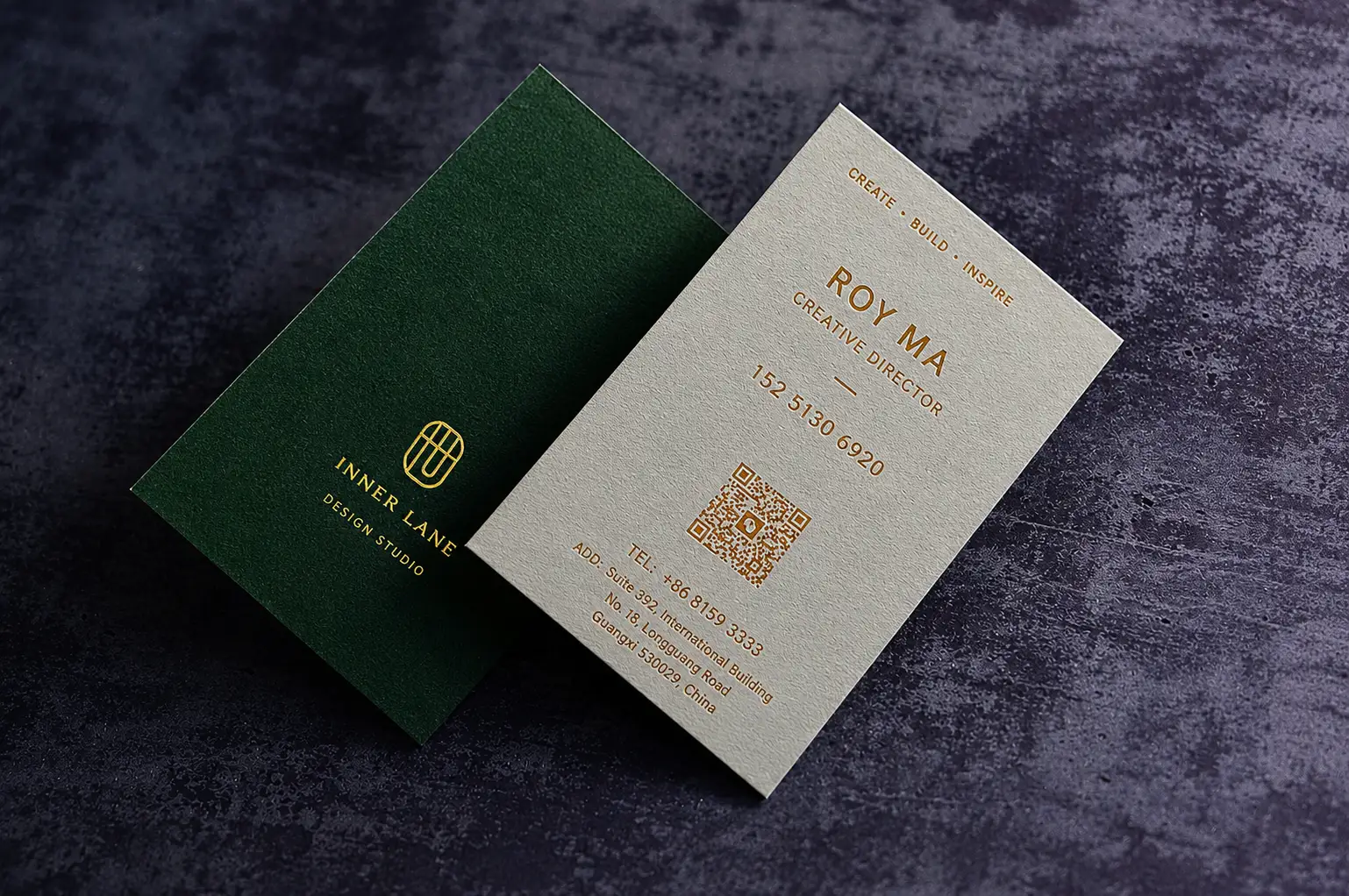 Green natural eco paper brand cards with gold foil stamping
