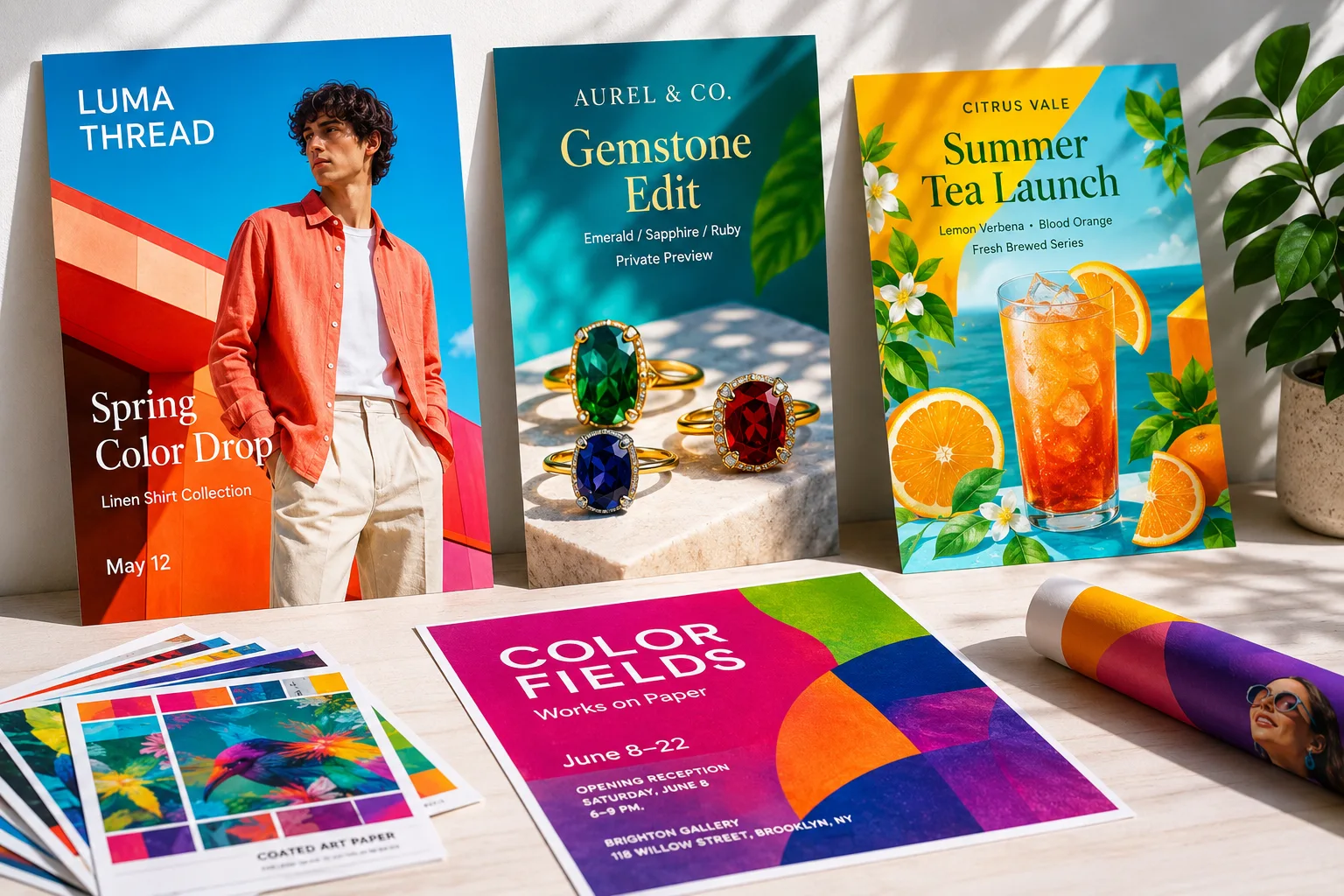 High-color printed brand posters for fashion, jewelry, beverage, and art exhibition display, showing real paper edges and vivid customer-facing artwork.