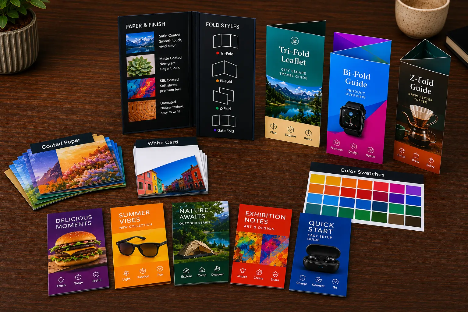 High-color custom printed folded leaflets and product guides arranged on a premium review desk, showing tri-fold, bi-fold, Z-fold, real fold creases, vivid artwork, and paper edges.