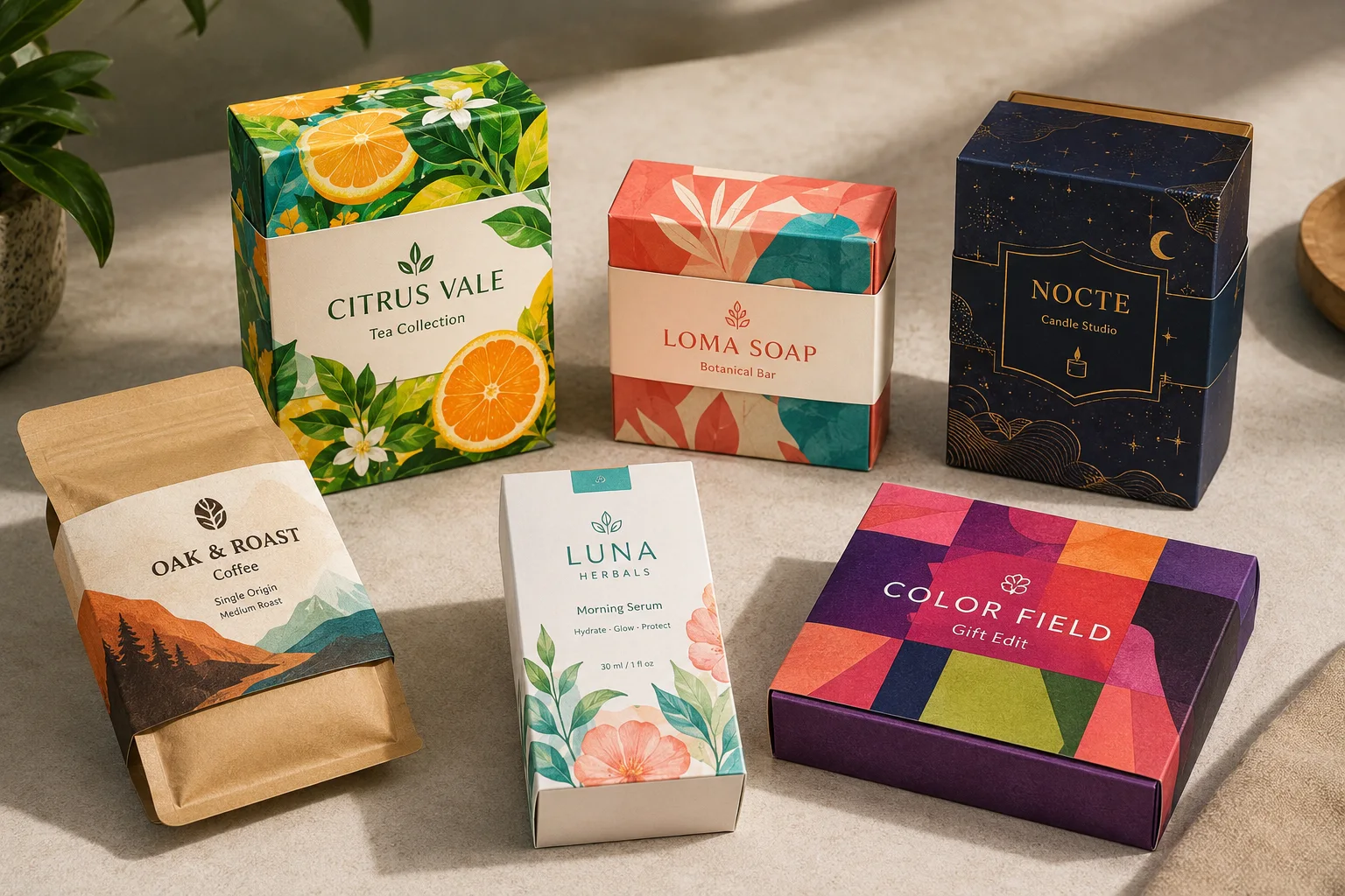 High-color custom printed packaging sleeves and belly bands for tea, soap, candle, coffee, skincare, and gift boxes, showing real paper sleeve structure and vivid brand artwork.