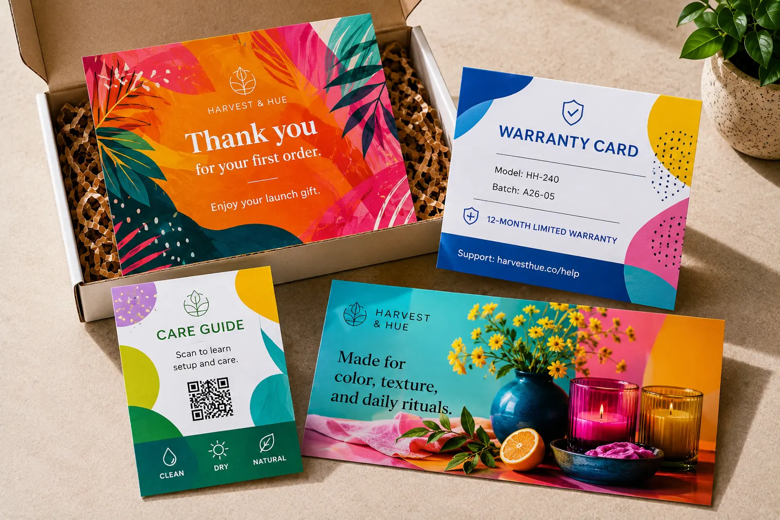 Printed product insert cards, care guides, and brand cards.