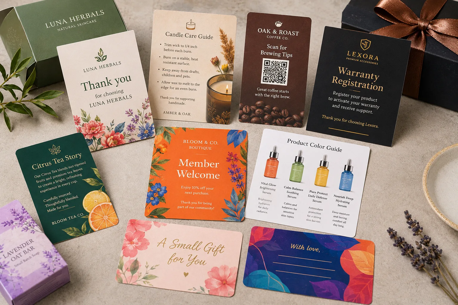 High-color custom printed product insert cards, thank-you cards, care cards, QR guide cards, warranty cards, and brand cards arranged beside premium packaging samples.