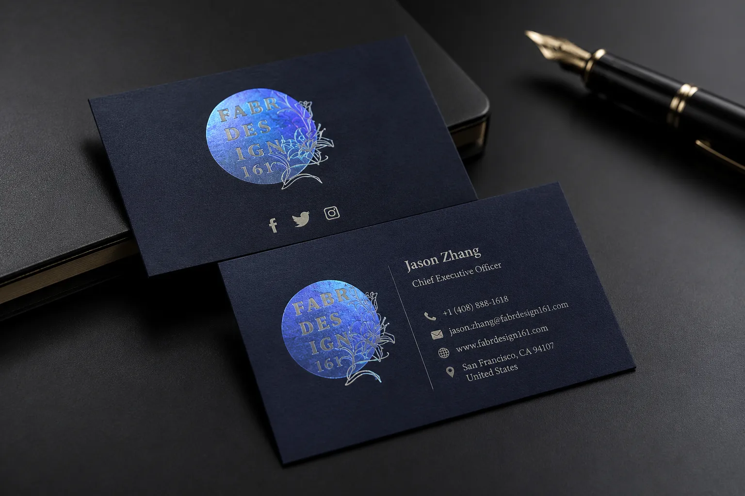 Black business cards with premium dark paper and foil detail
