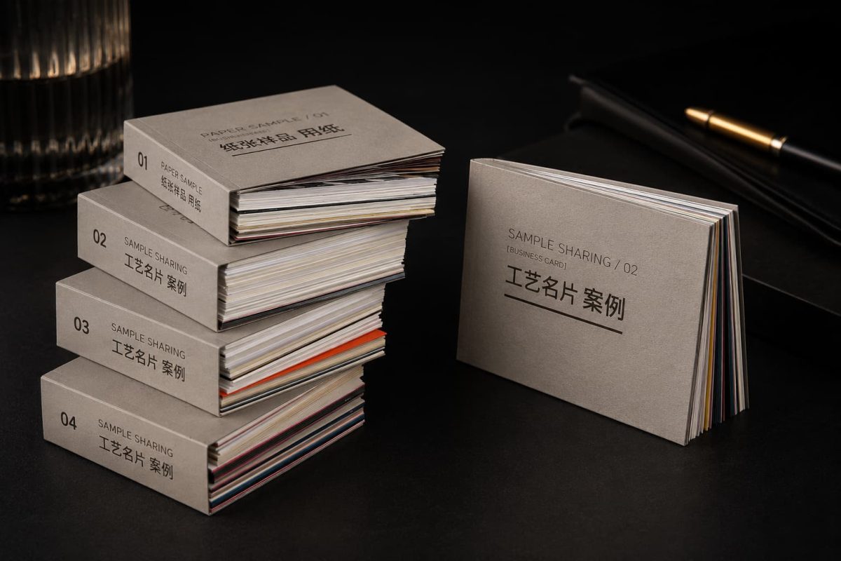 ZIVFY business card sample book for comparing paper color, thickness, surface and finishes.