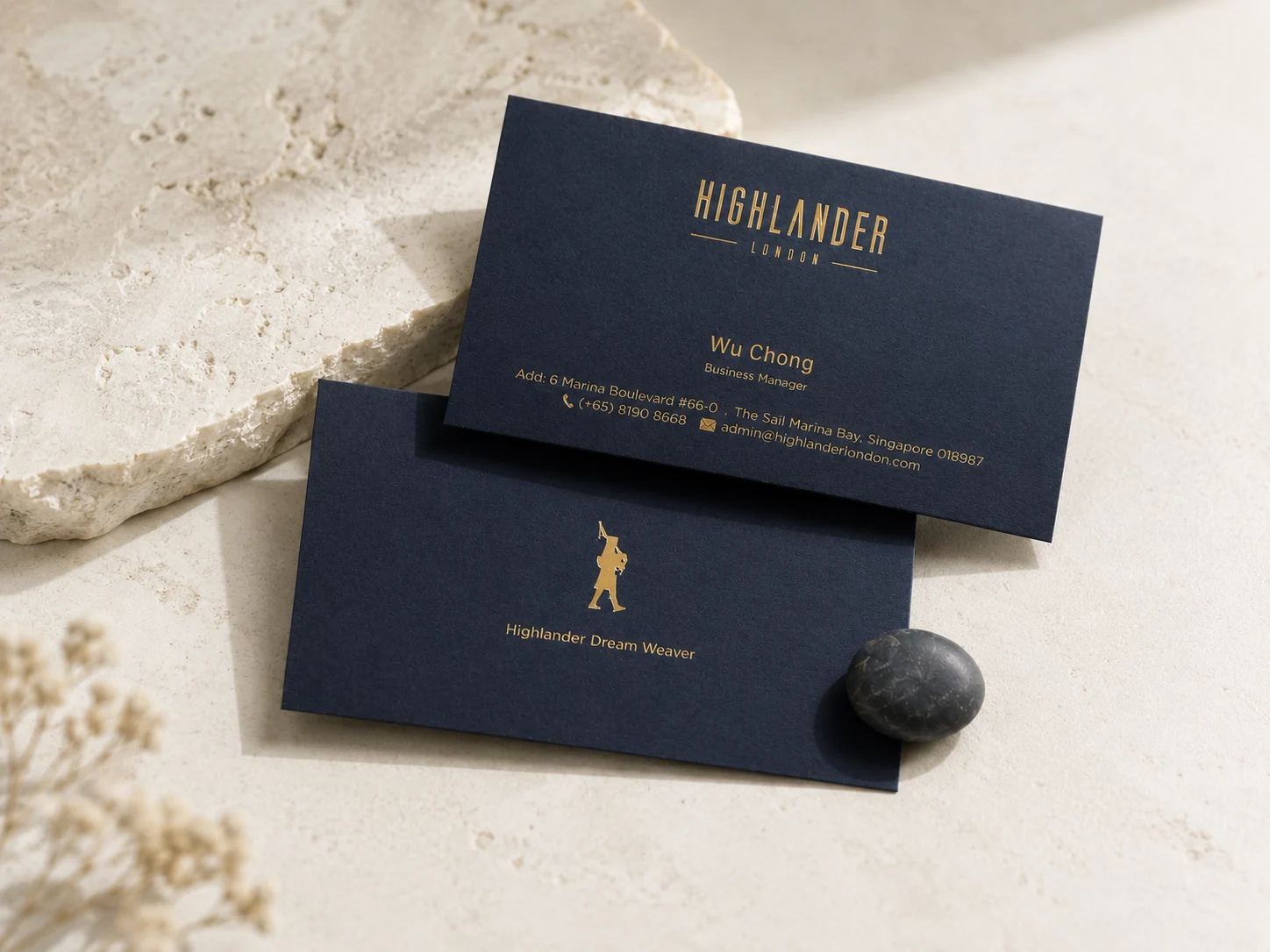 Indigo blue eco paper business cards with gold foil stamping