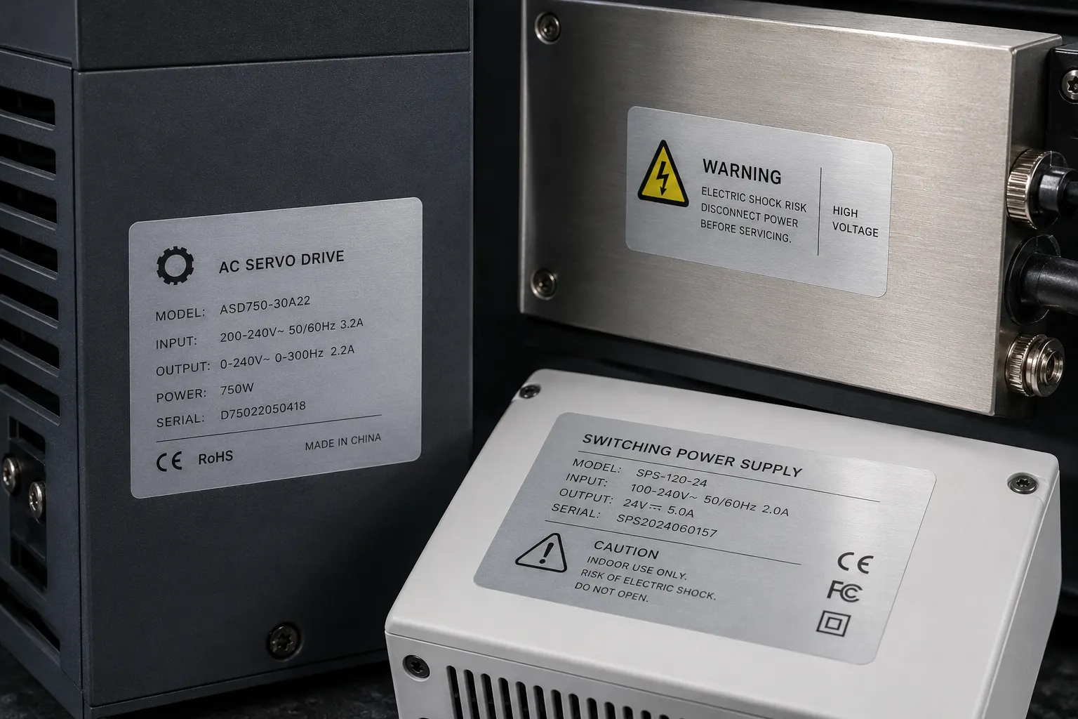Custom metallic PET labels shown as one label material direction for product packaging and equipment identification