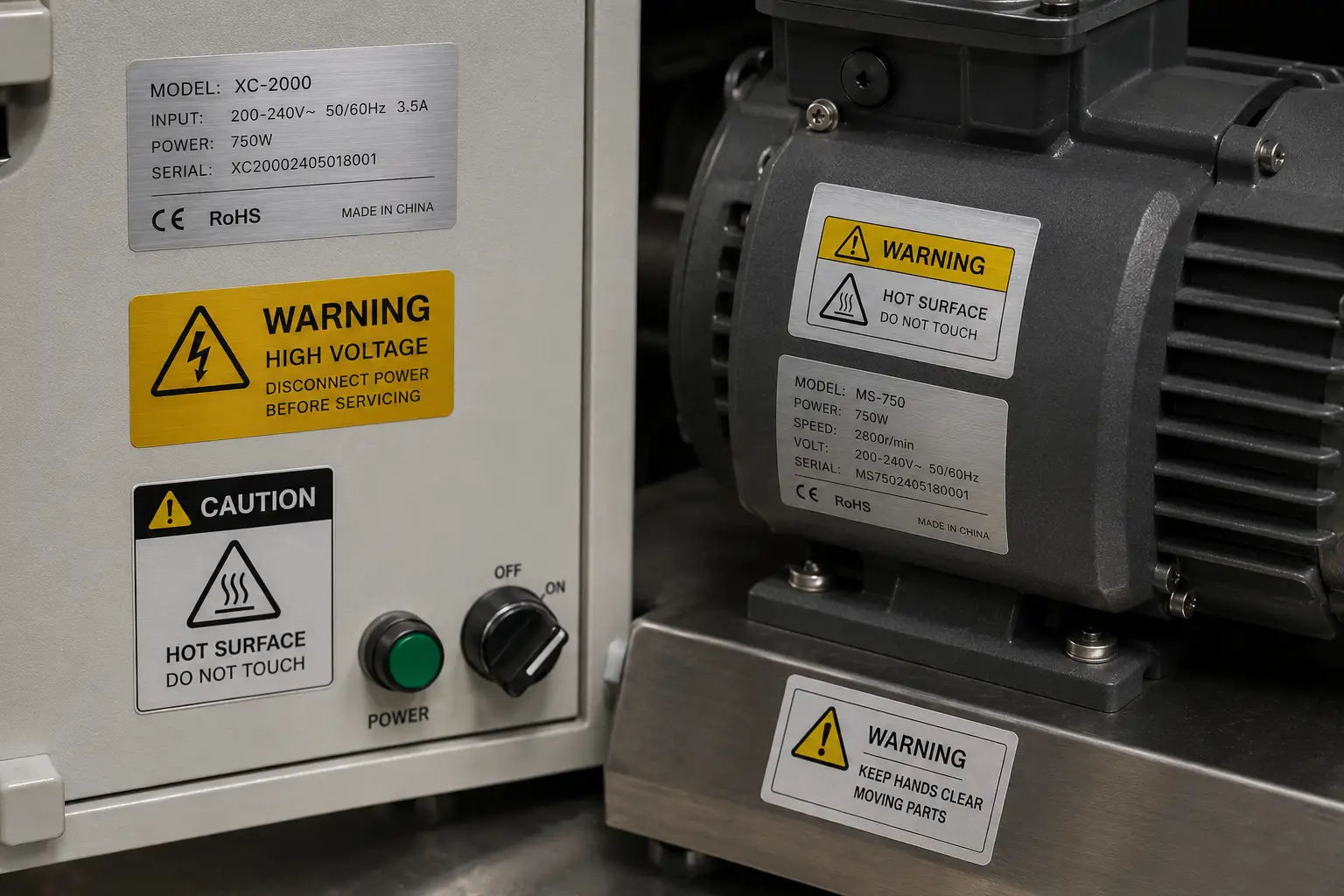 Durable warning and specification labels applied to machinery and equipment panels