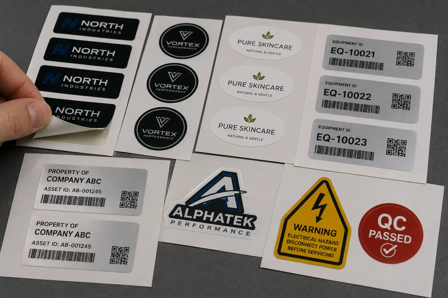 Kiss cut and die cut custom label sheets with round labels warning labels barcode labels QC labels and shaped stickers