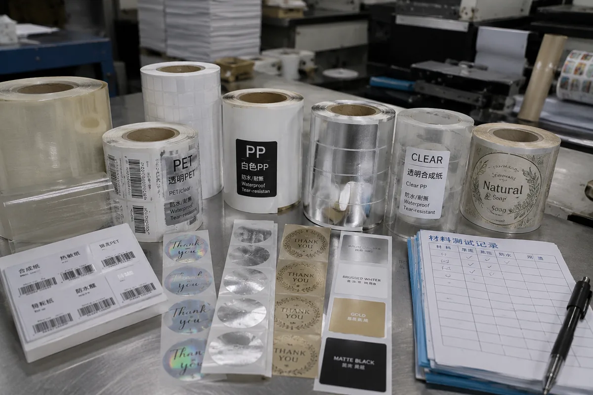 Label material samples including PET, PP, clear, metallic, waterproof and specialty adhesive options