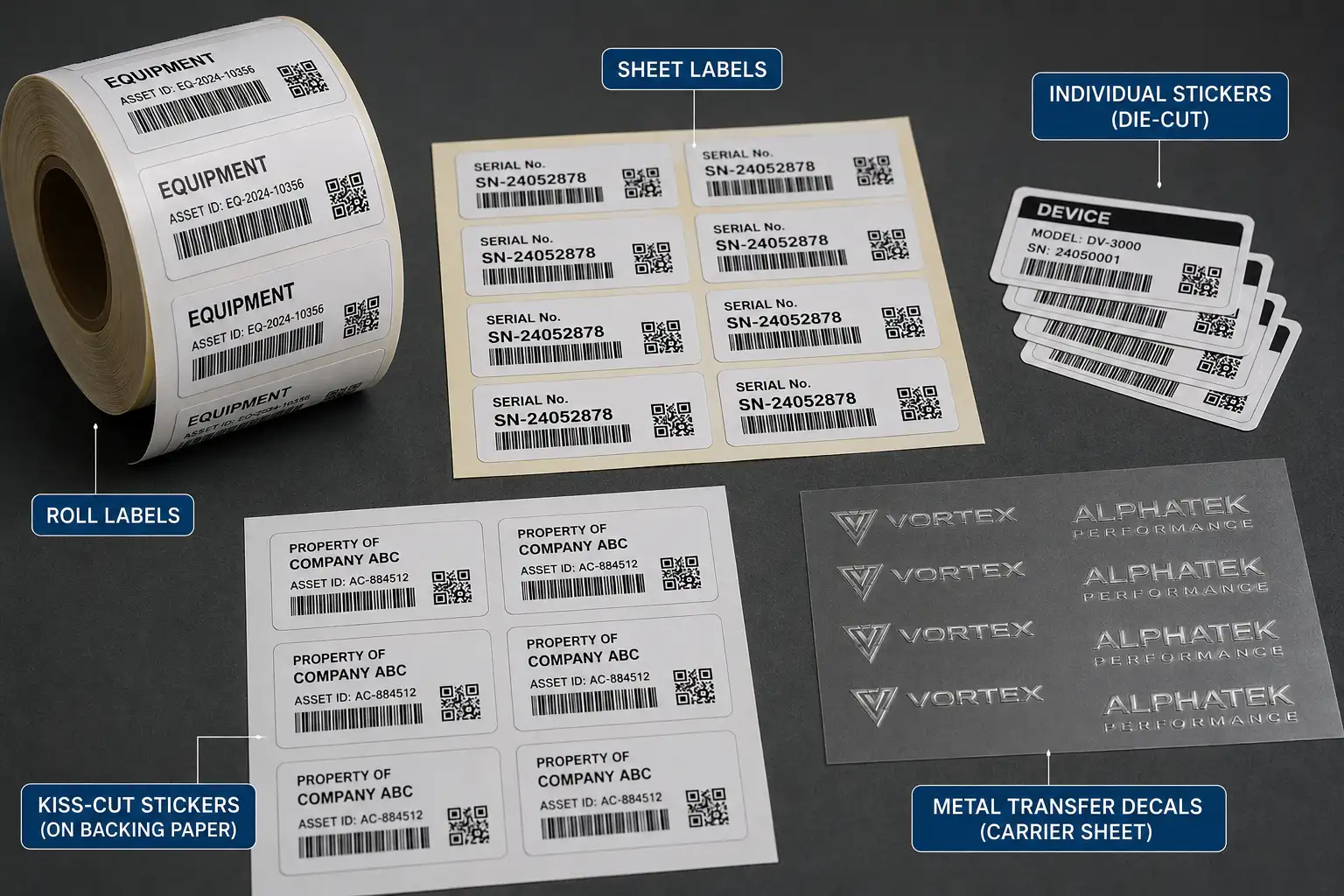Label supply format sample set showing rolls sheet labels metallic stickers clear labels and sample pieces