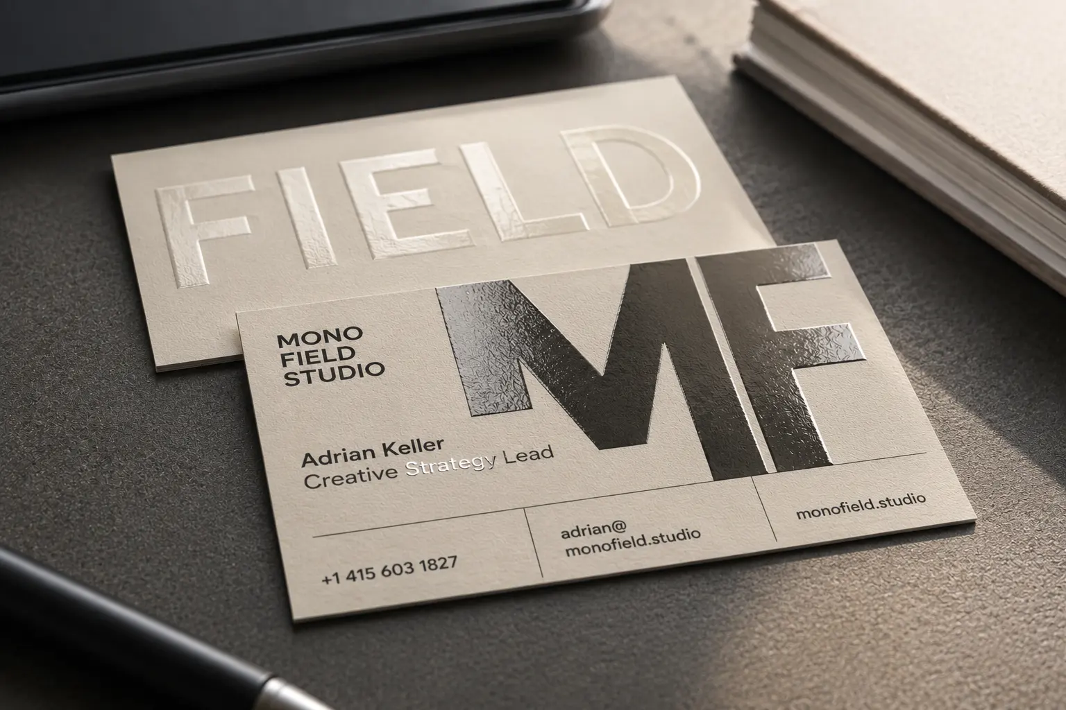 Business card with large typography and clear spot UV gloss effect