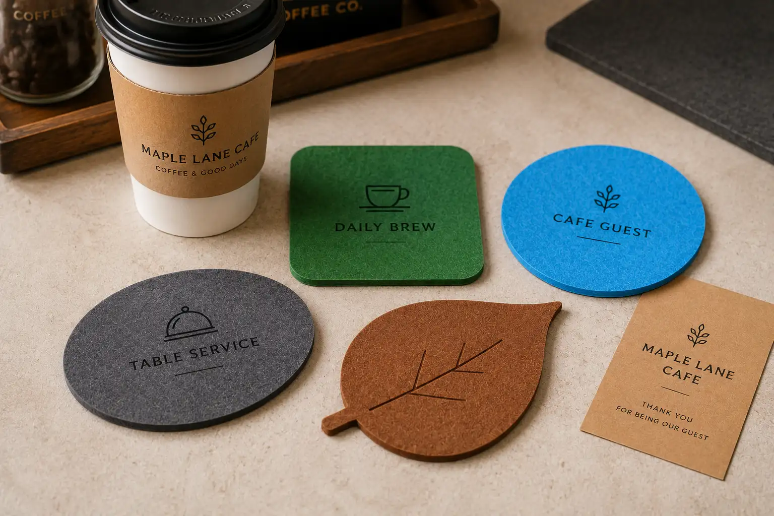 Simple laser-cut polyester felt coasters in practical shapes beside a takeaway coffee cup and kraft sleeve.