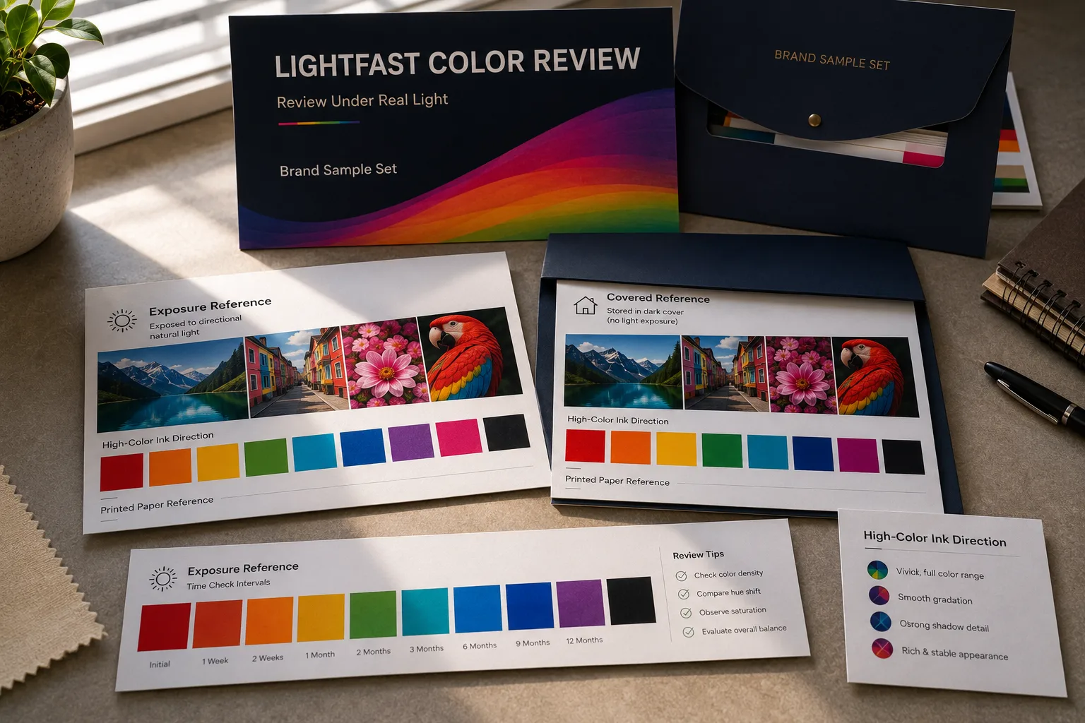 Printed lightfast color reference review samples for brand materials, showing exposure reference cards, covered reference cards, high-color ink direction, vivid swatches, real paper edges, and controlled natural light.