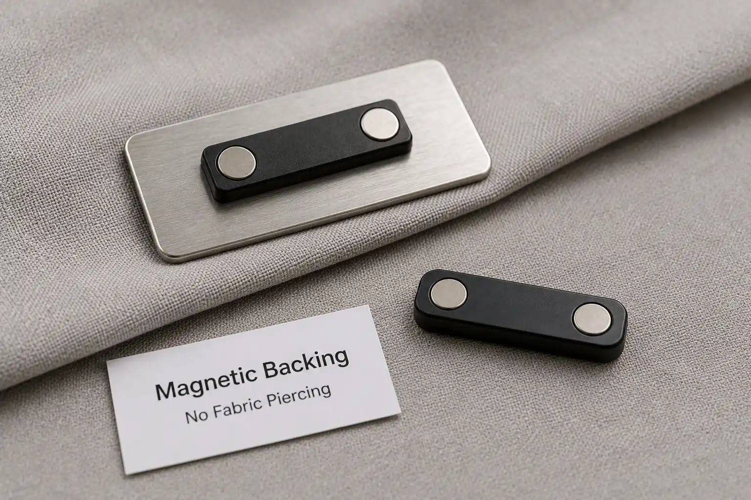 Magnetic backing on a custom name badge without piercing uniform fabric.