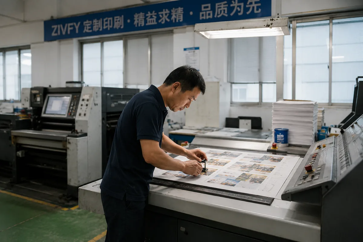 Material review table with paper samples, printed proofs and production references