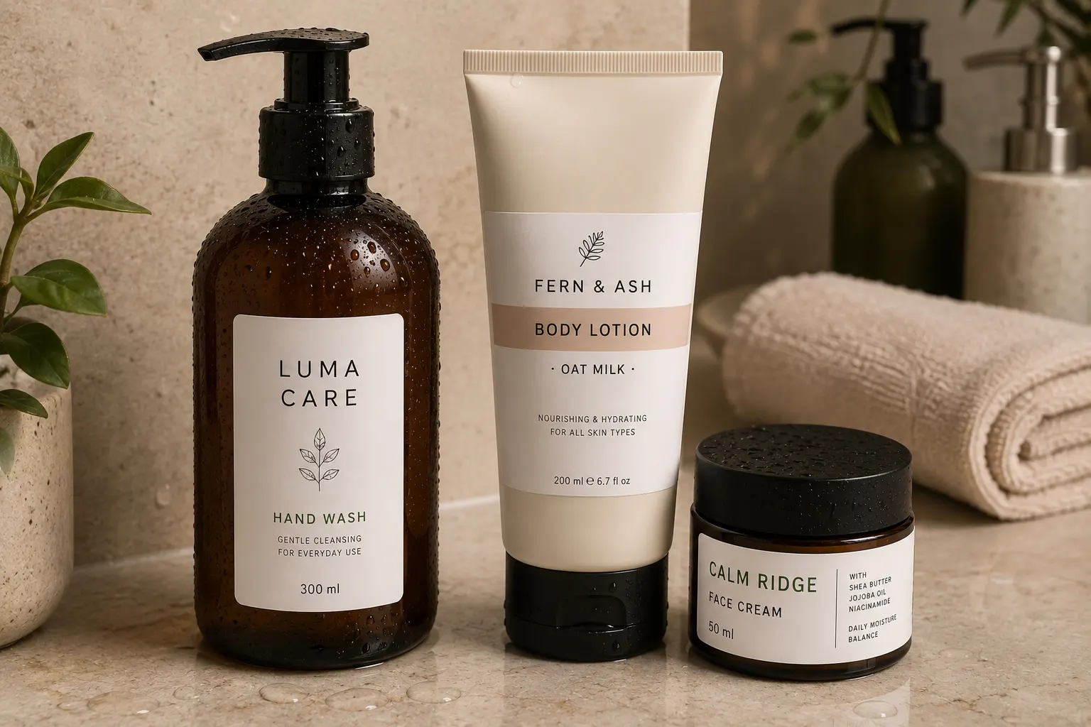Matte white PP synthetic labels on skincare, bath, and cosmetic containers for moisture-resistant product packaging in bathroom-use conditions