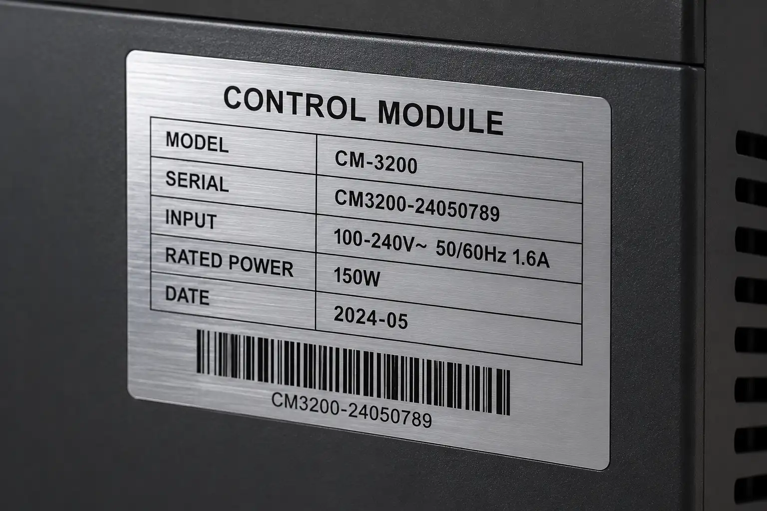 Thin matte silver PET technical label applied to a dark electronics control panel with model, serial, power, date, and barcode fields.