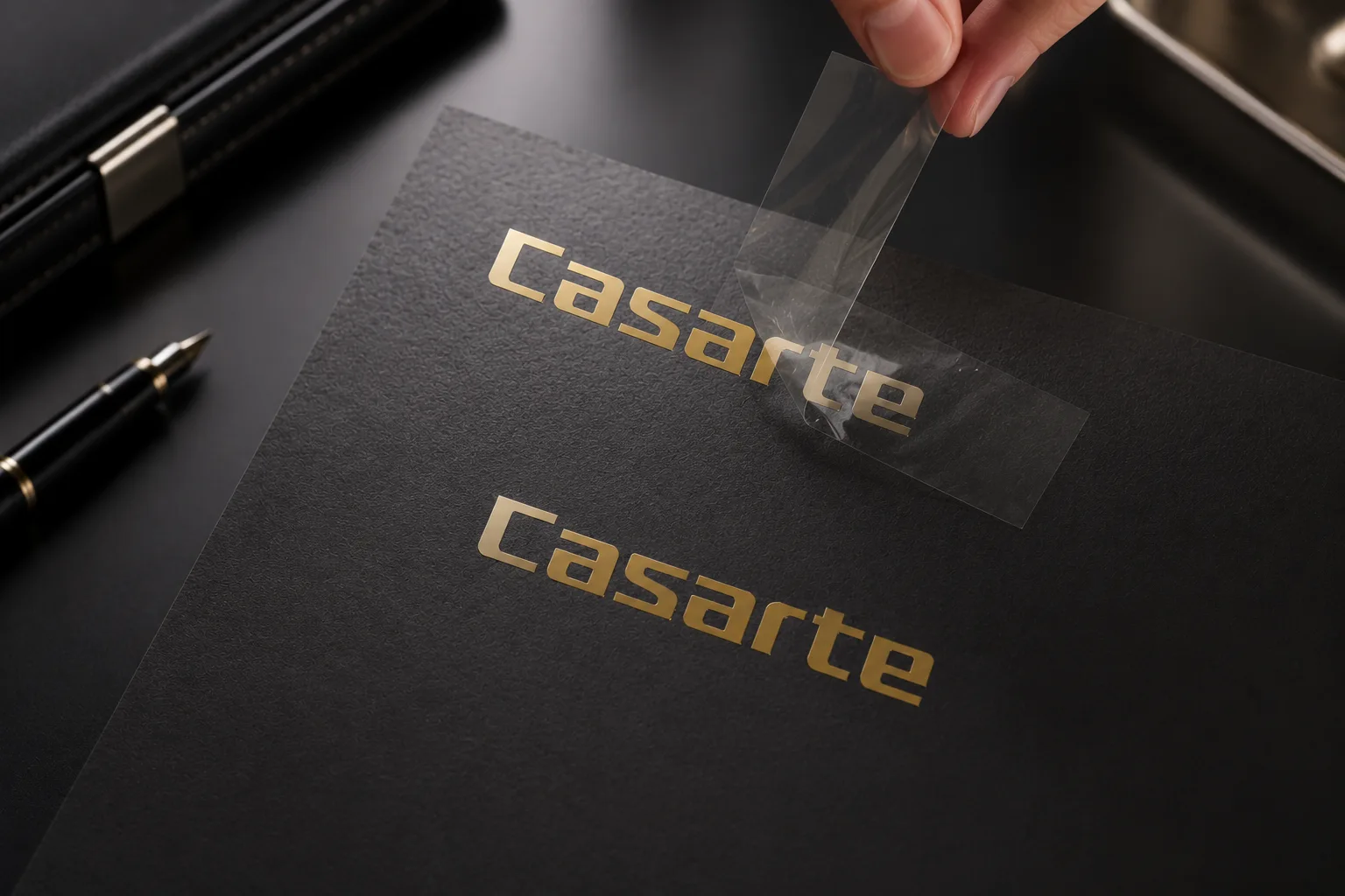 Thin metallic transfer decal on a black card with clear application film