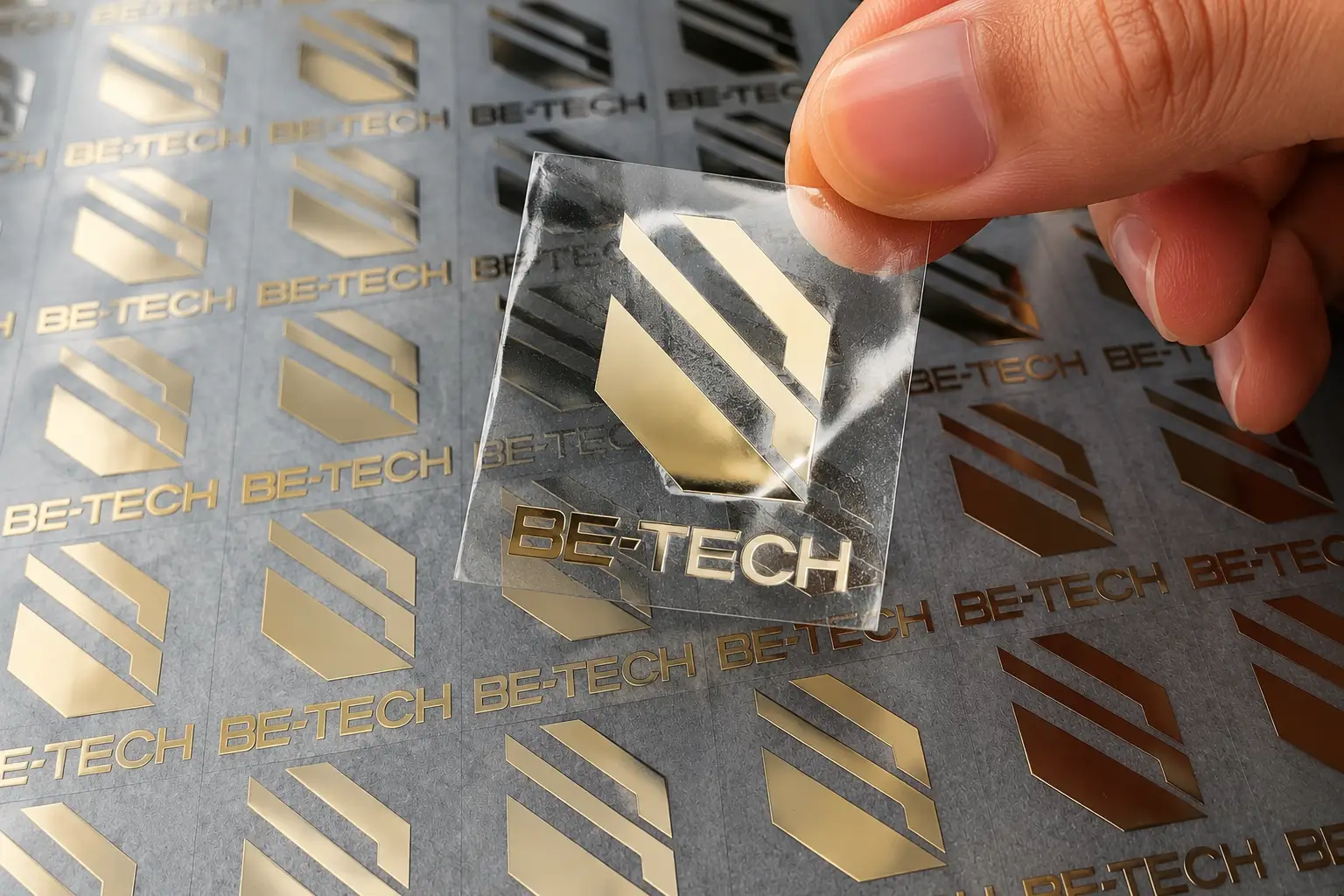 Metal transfer decal sample sheet showing gold copper and silver metallic finish options