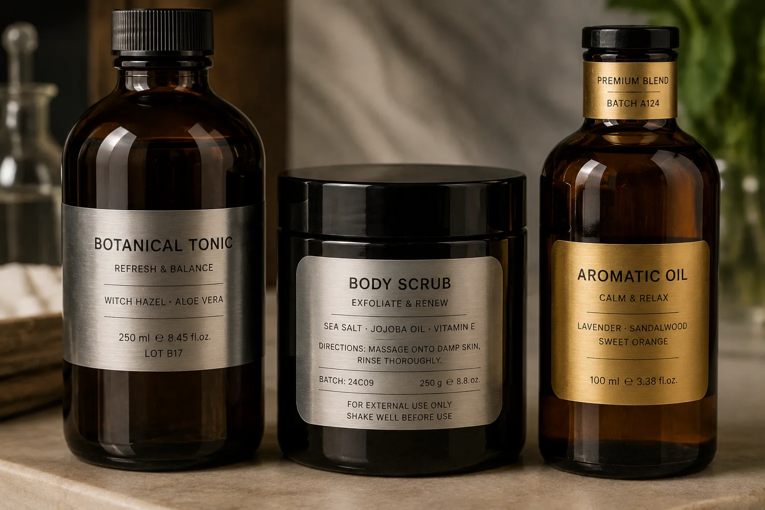 Thin metallic PET labels applied to curved glass bottles and plastic jar with wrap strip, rounded rectangle, and neck label formats.