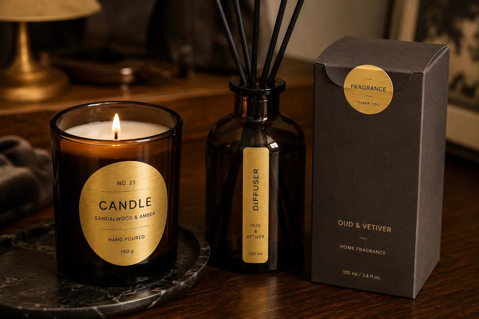 Gold metallic PET labels applied to candle jar, reed diffuser bottle, and fragrance carton with oval, strip, and seal formats.