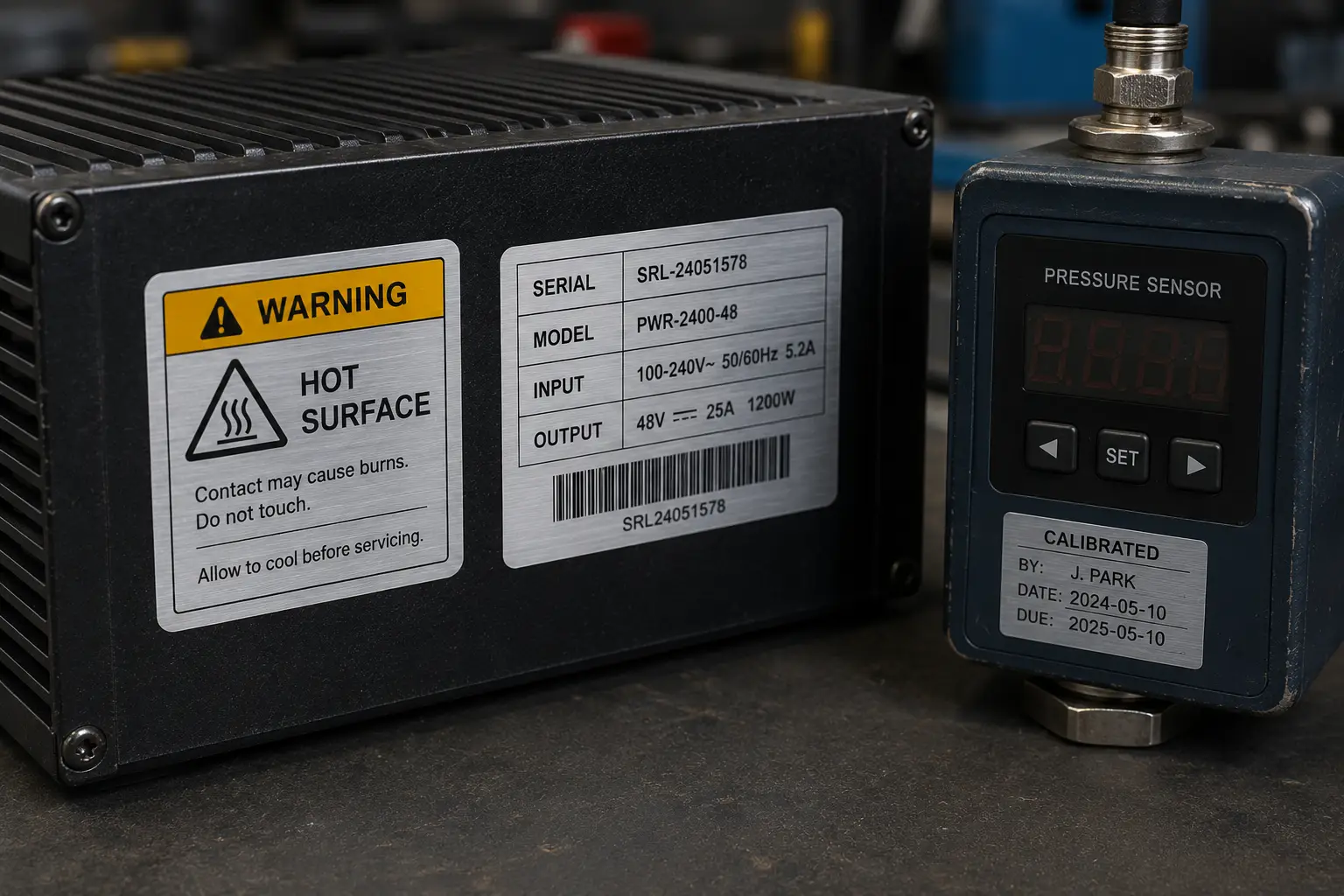 Metallic PET warning, serial, and calibration labels applied to electronics and compact industrial equipment.