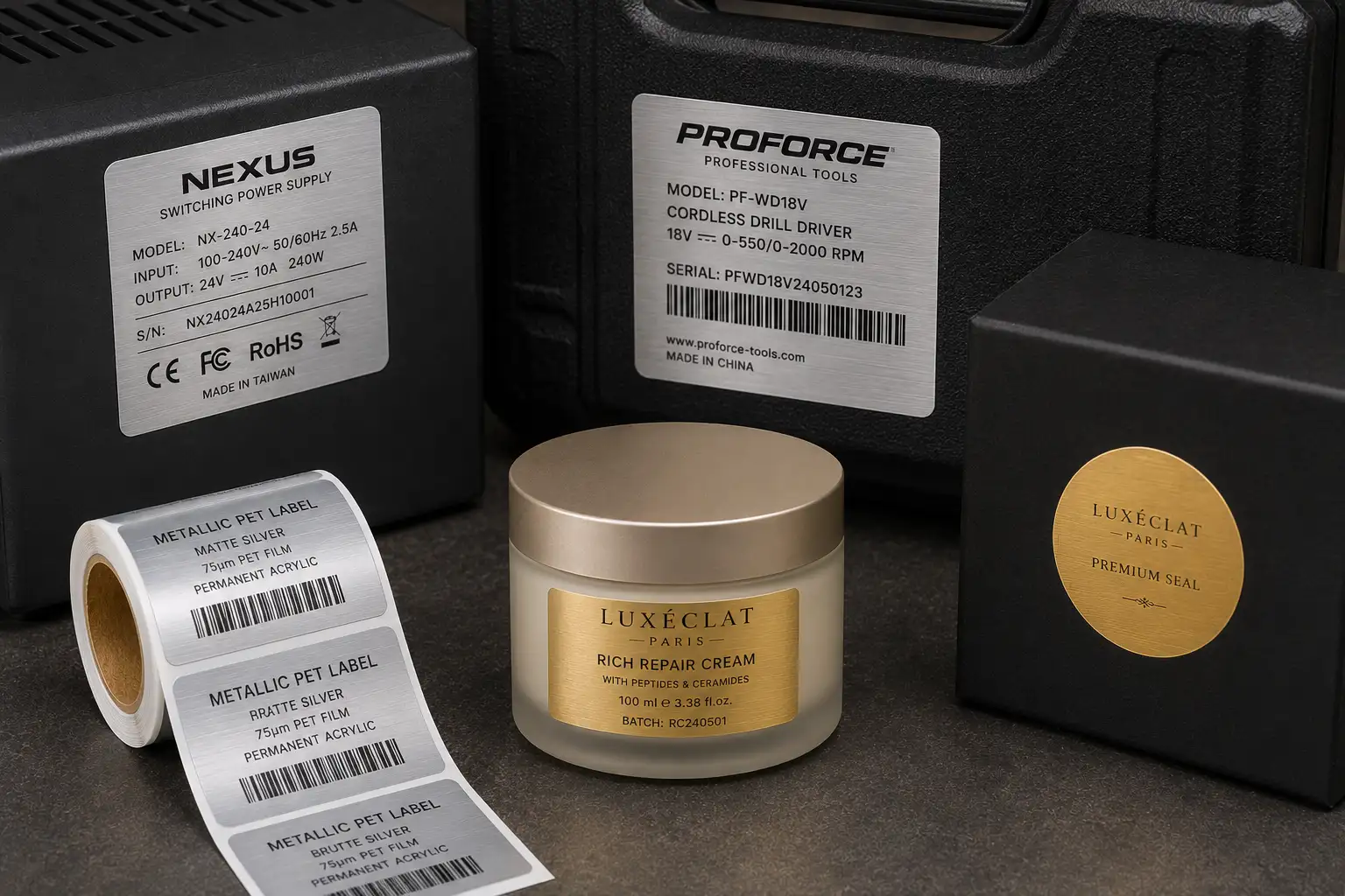 Custom metallic PET labels applied to electronics, tool case, cosmetic jar, black gift box, and roll label samples.