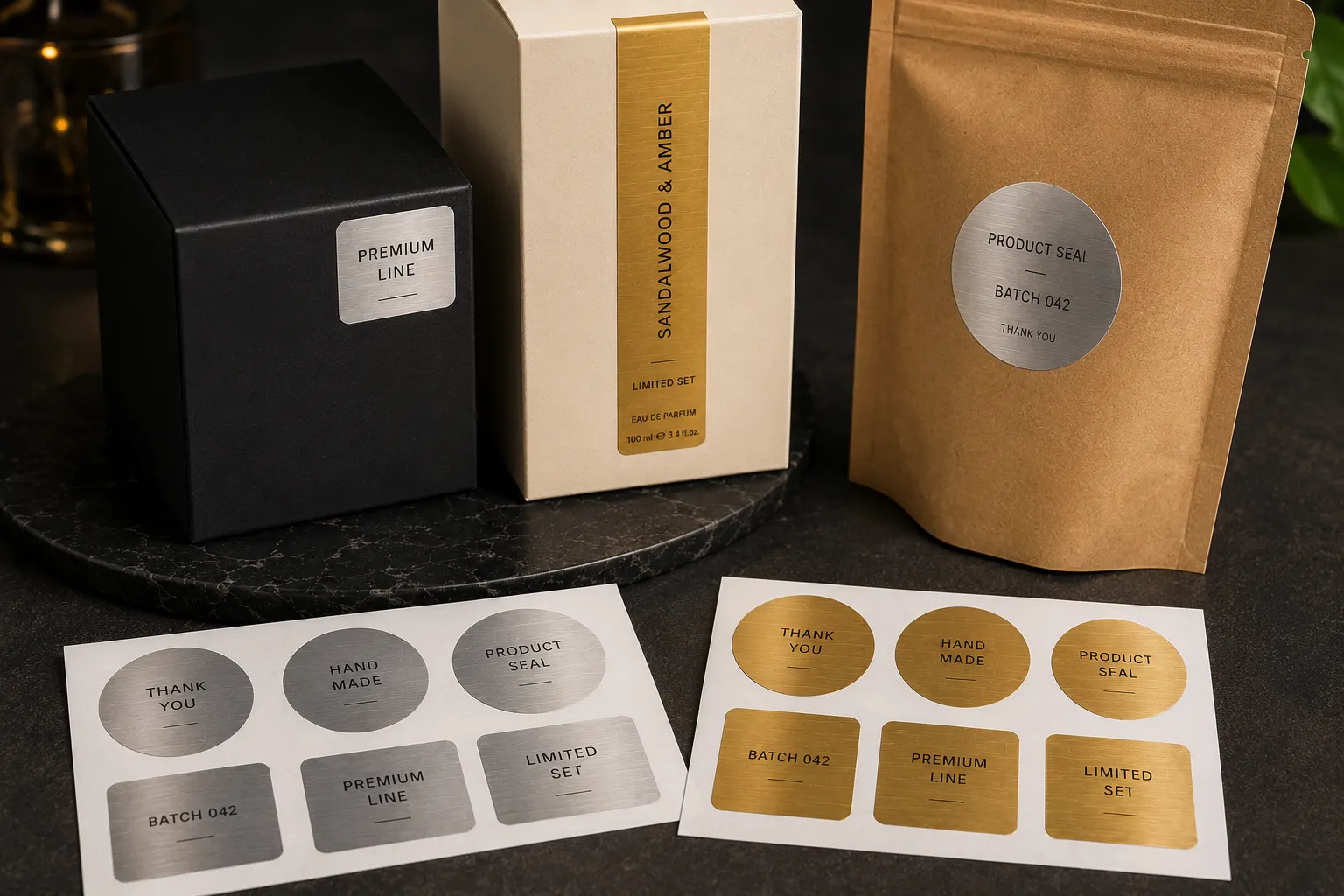 Silver and gold metallic PET labels applied to matte black box, cream paper box, and kraft pouch for premium packaging and product seals.