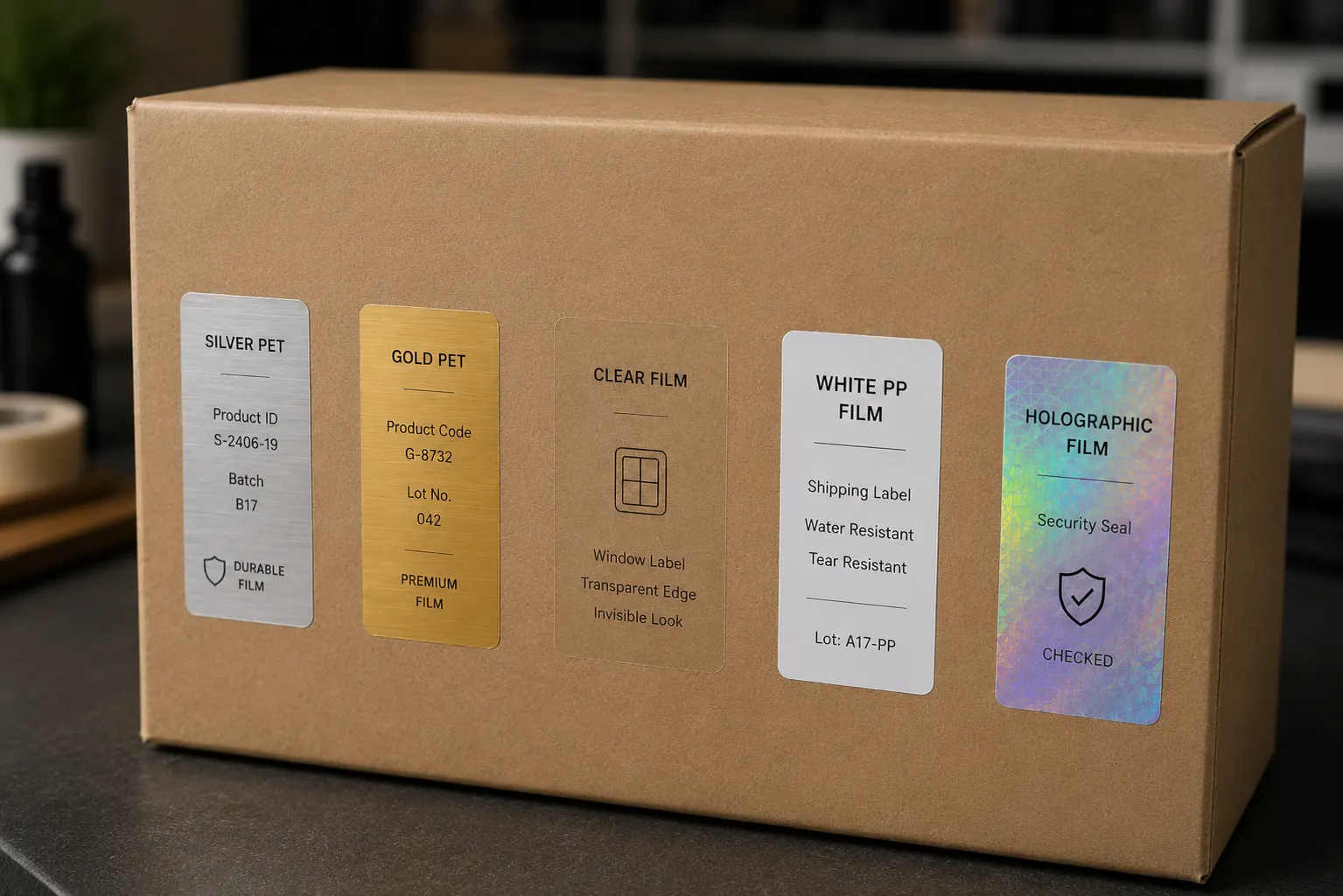 Physical label material comparison samples showing metallic PET, clear film, white PP film, and holographic film label materials.