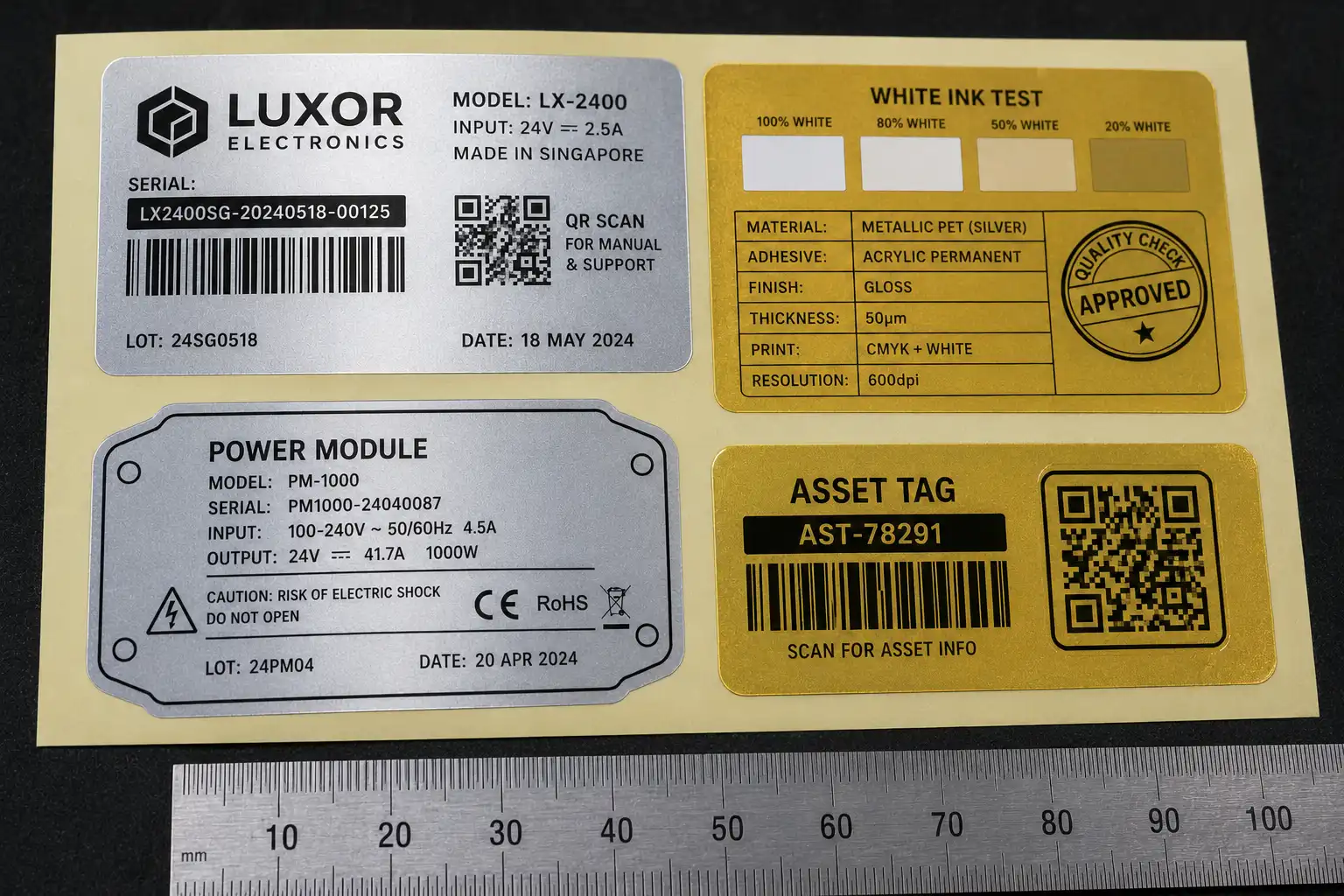Close-up metallic PET label samples showing black print, white ink blocks, barcode label, QR asset label, small text, and die-cut outline.
