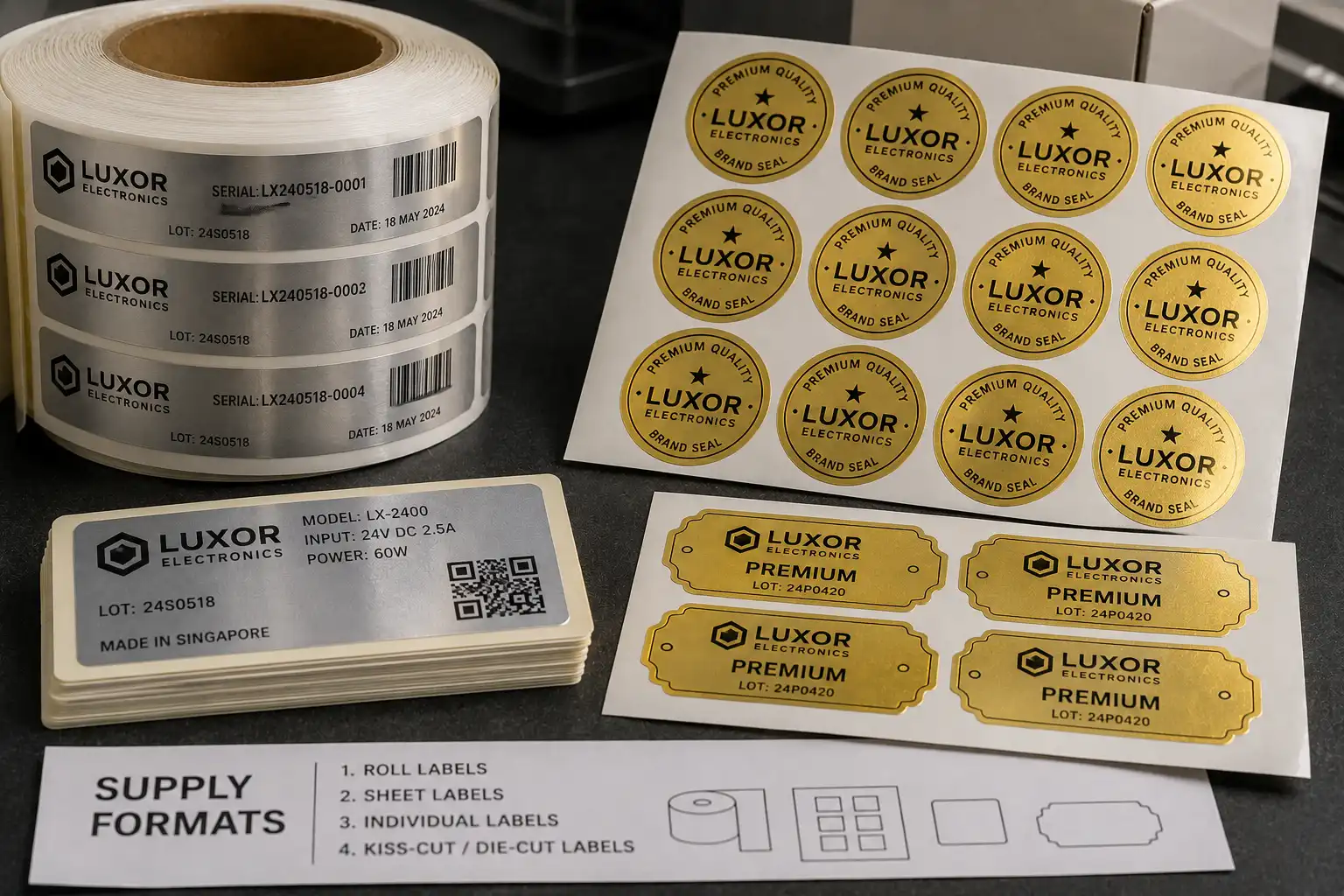 Metallic PET labels supplied as roll labels, sheet labels, individual stickers, and kiss-cut die-cut pieces on white backing liner.