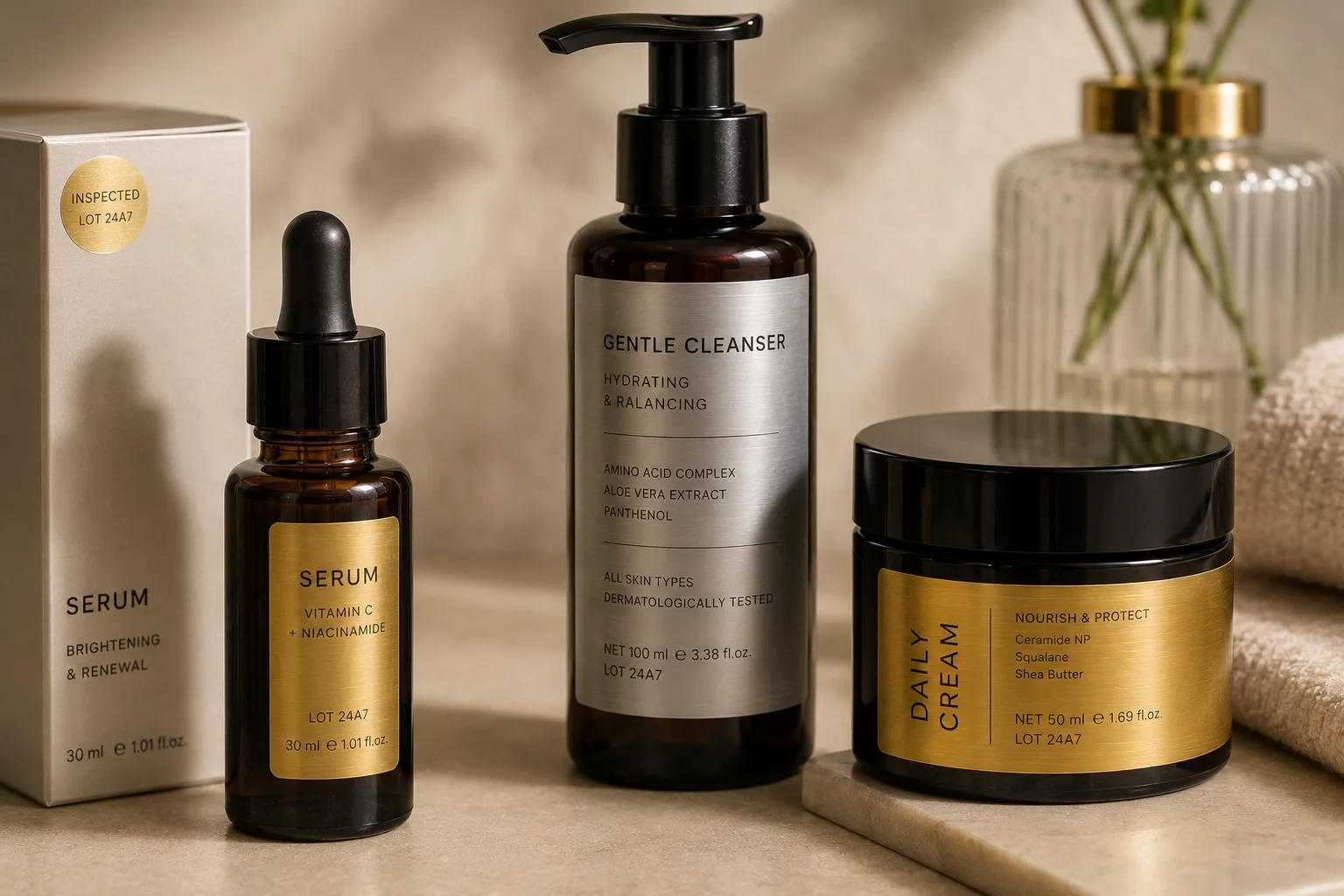 Metallic PET labels applied to skincare pump bottle, serum bottle, cream jar, and product box with gold and silver finishes.