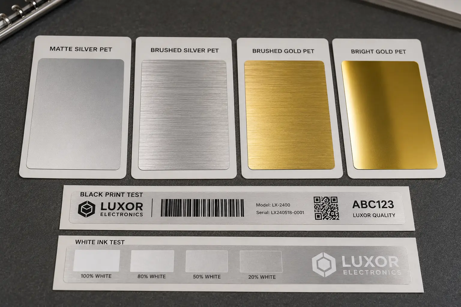 Metallic PET material swatches showing matte silver PET, brushed silver PET, brushed gold PET, and bright gold PET sample cards.